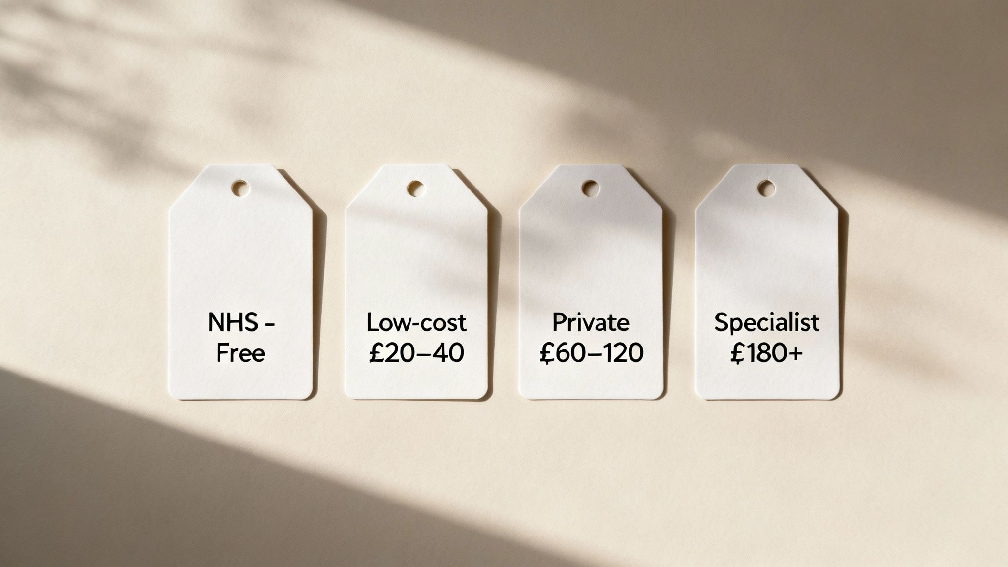 Four white price tags comparing different costs for therapy: NHS, low-cost, private, and specialist.