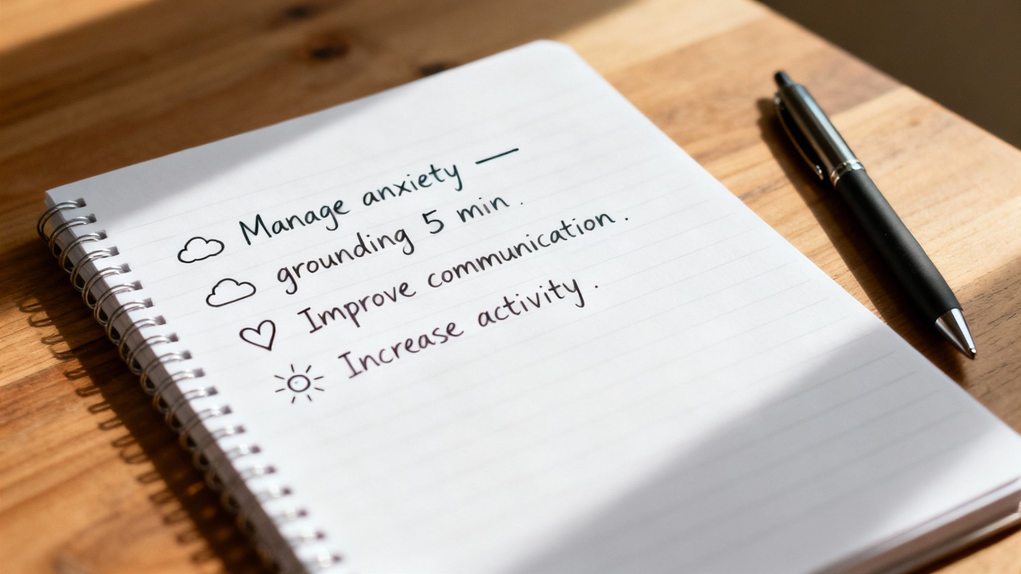 A notebook on a wooden table with handwritten therapy goals: manage anxiety, grounding, improve communication, increase activity.