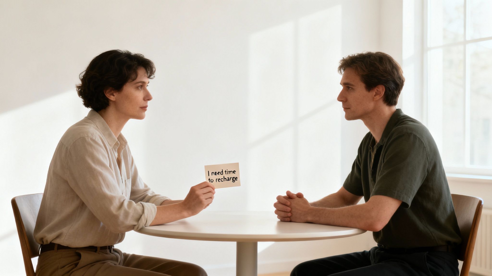 A person calmly speaking to another in a comfortable setting, illustrating clear and kind communication.