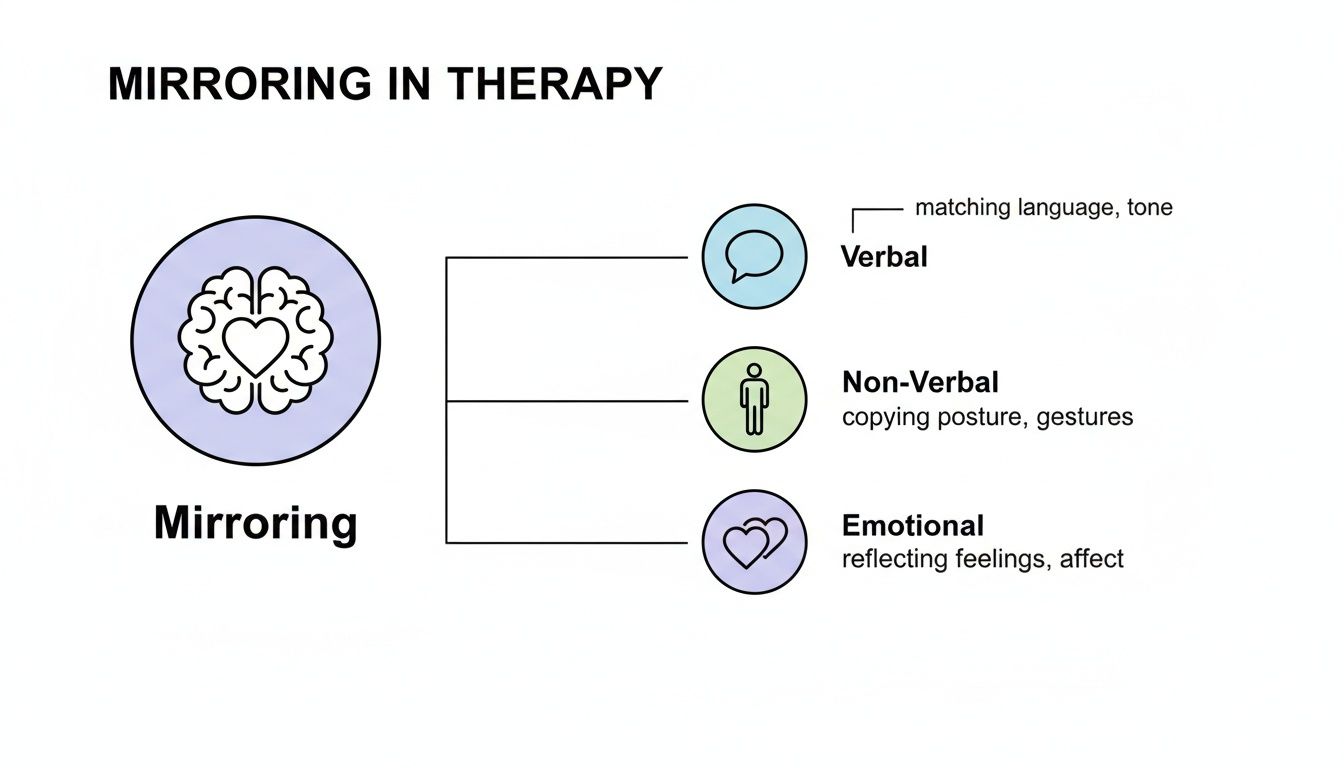 Diagram illustrating mirroring in therapy, categorizing it into verbal, non-verbal, and emotional aspects.