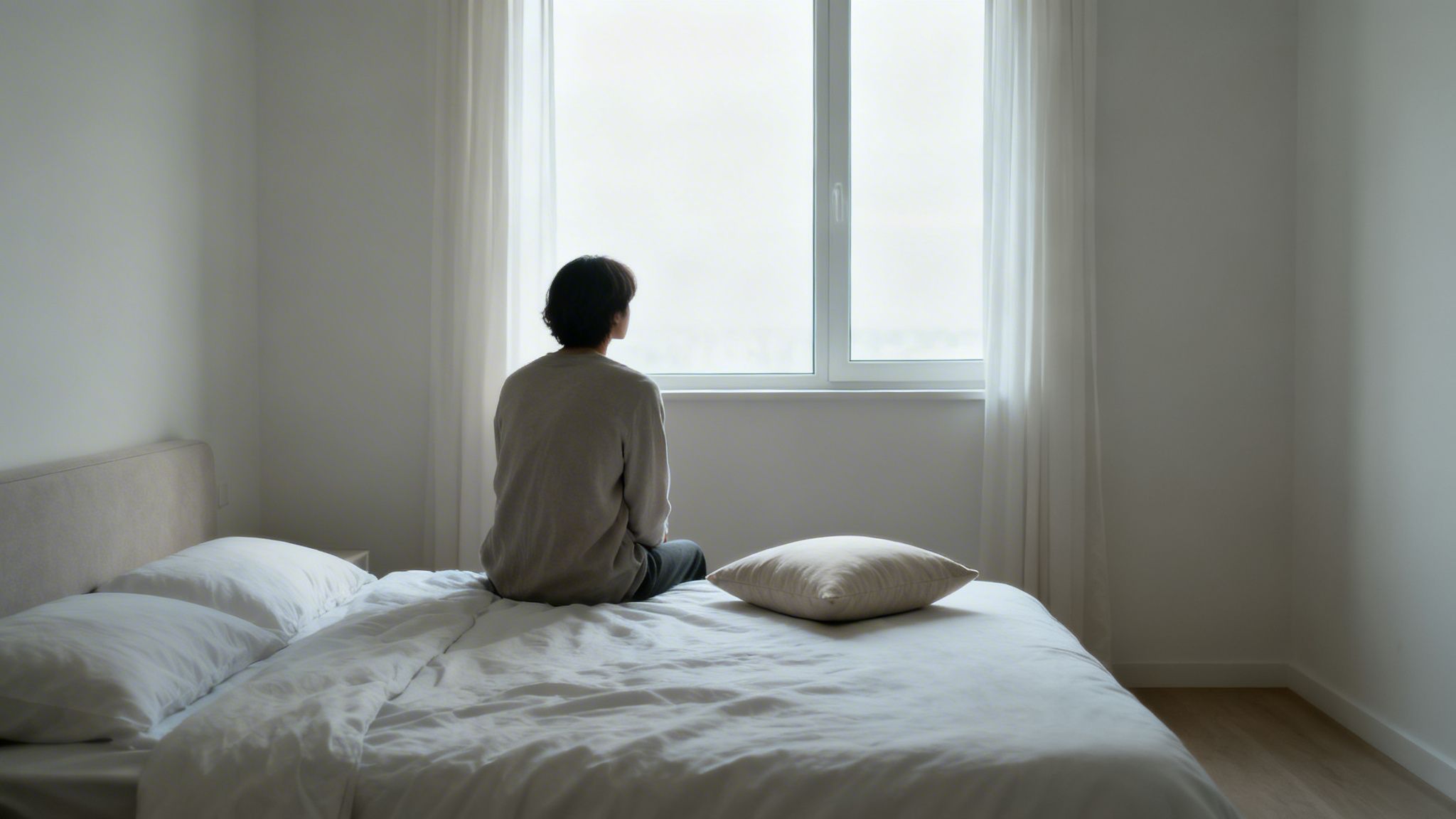 A person sits on a bed, looking out a bright window, appearing reflective or lonely.