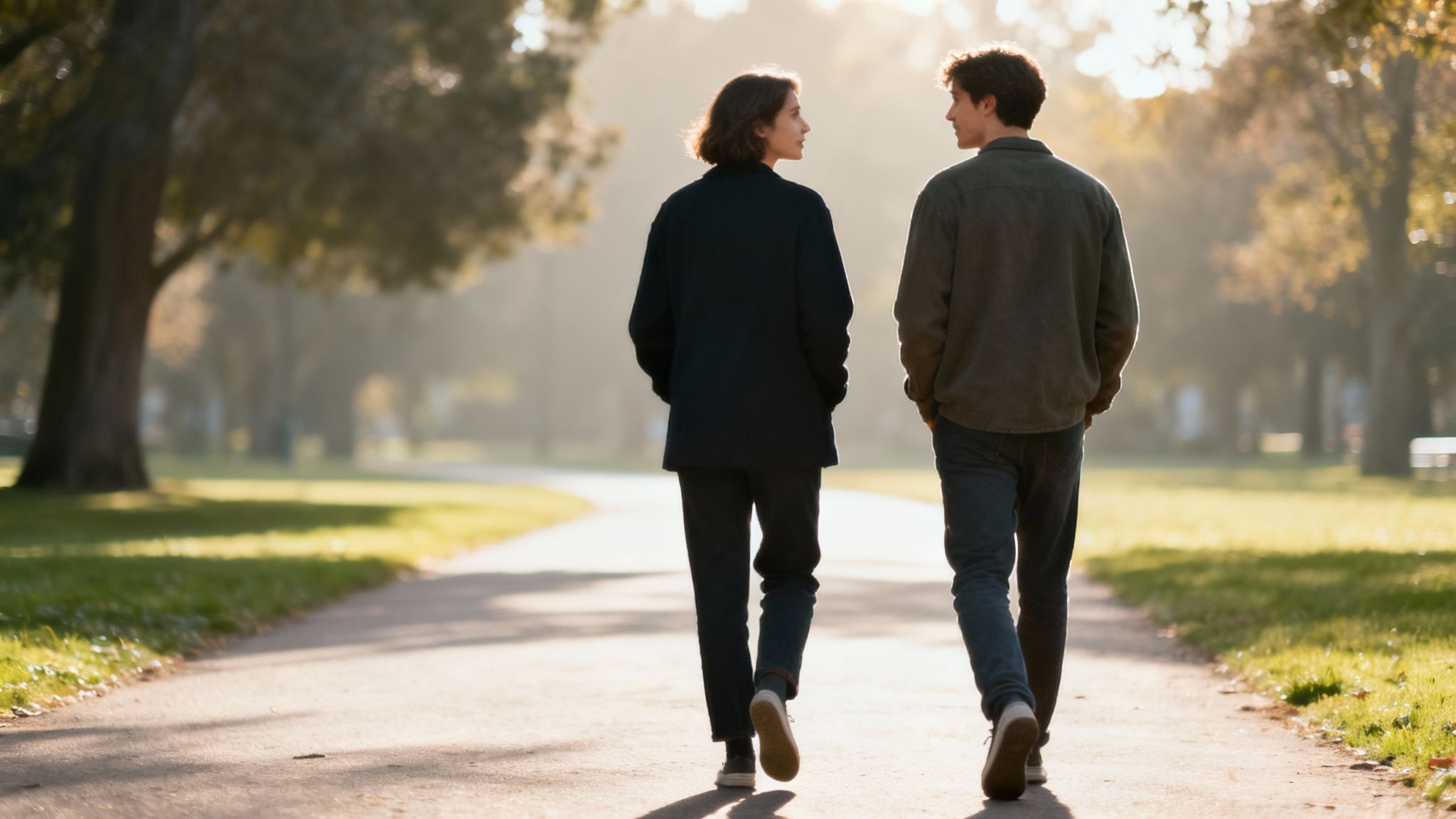 A couple walks along a path in a sunlit park, looking at each other, enjoying a peaceful moment.
