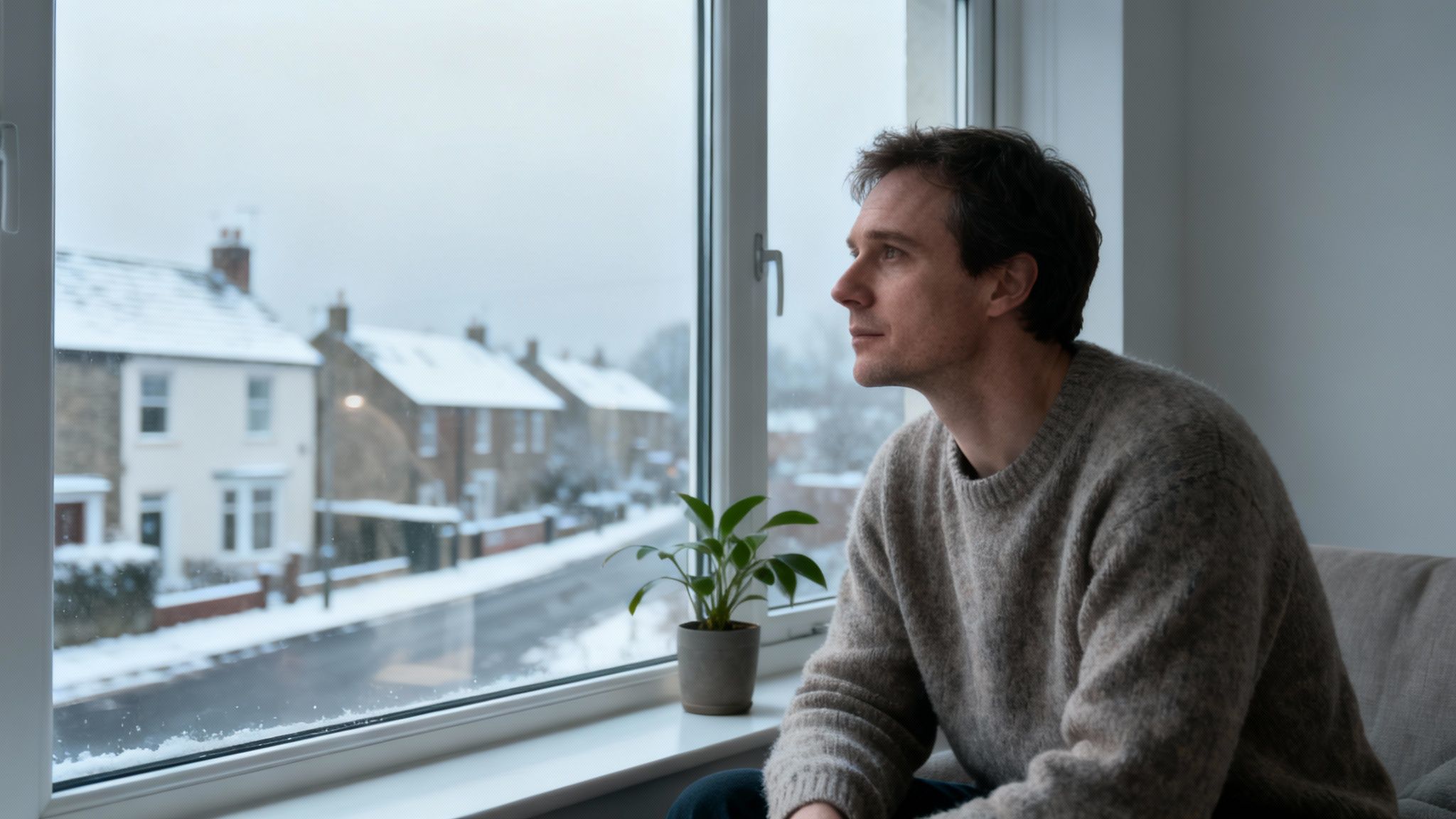 A man in a warm sweater looks out a window at a snowy street with houses.