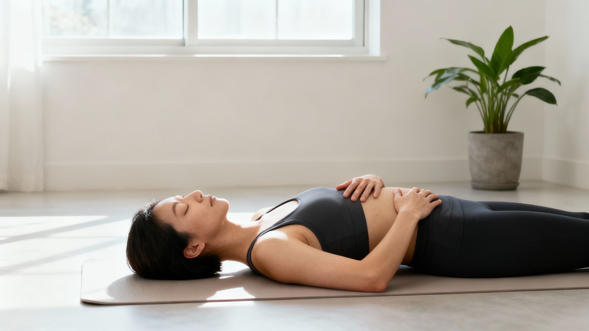 A woman in a sports bra and leggings lies on a yoga mat, eyes closed, hands on her abdomen, practicing relaxation.