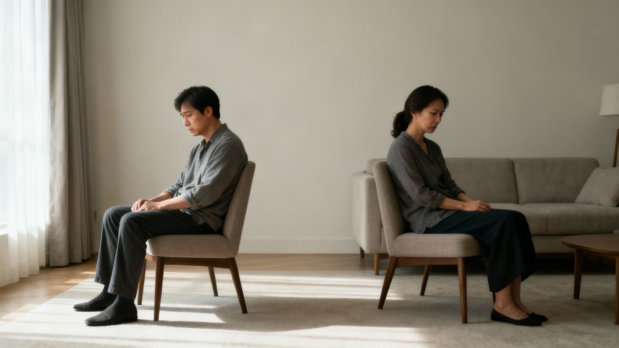 Two people sitting back-to-back, looking frustrated and distant.
