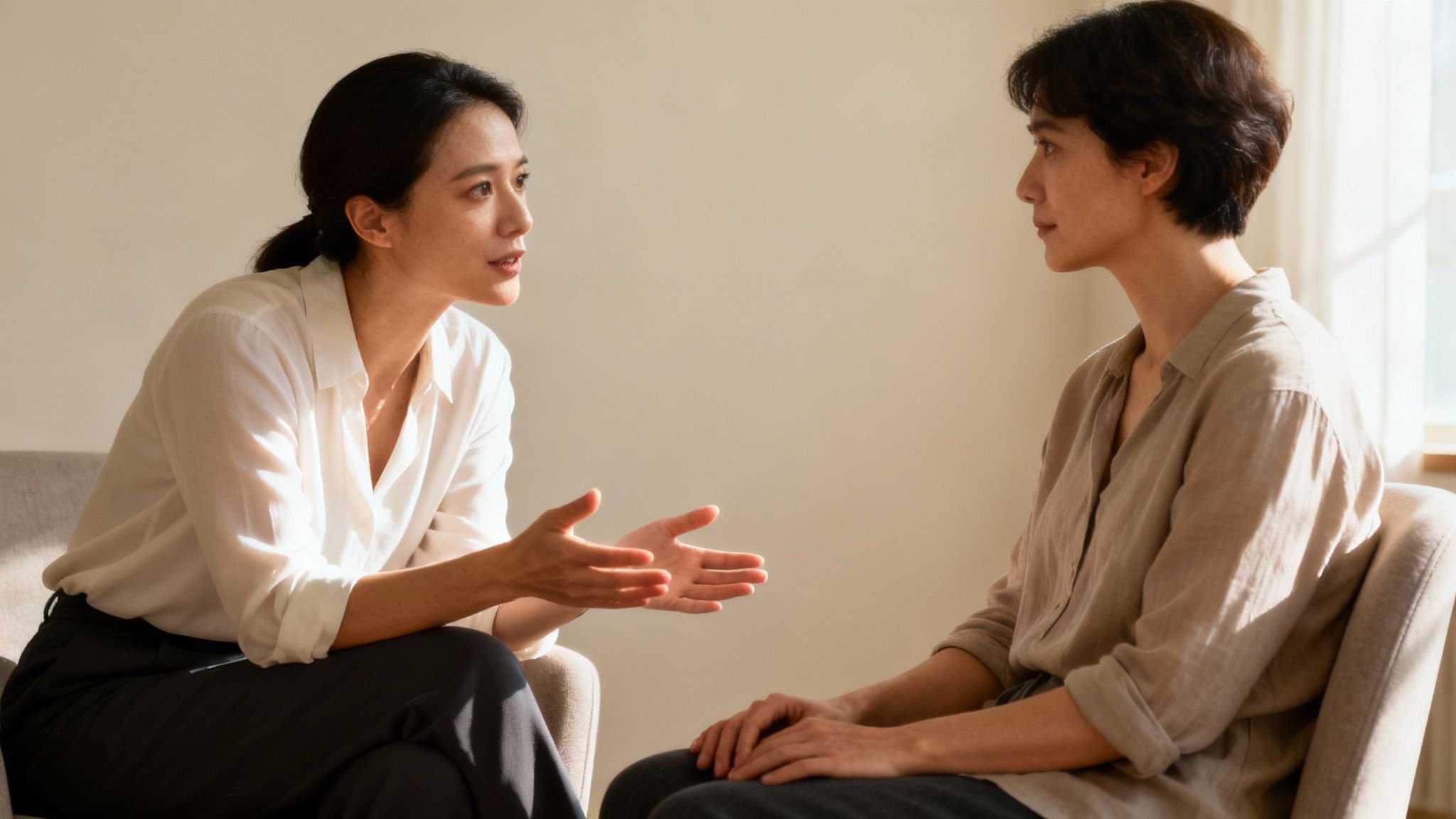 Two people sitting opposite each other in a counselling session, creating a safe and trusting environment.