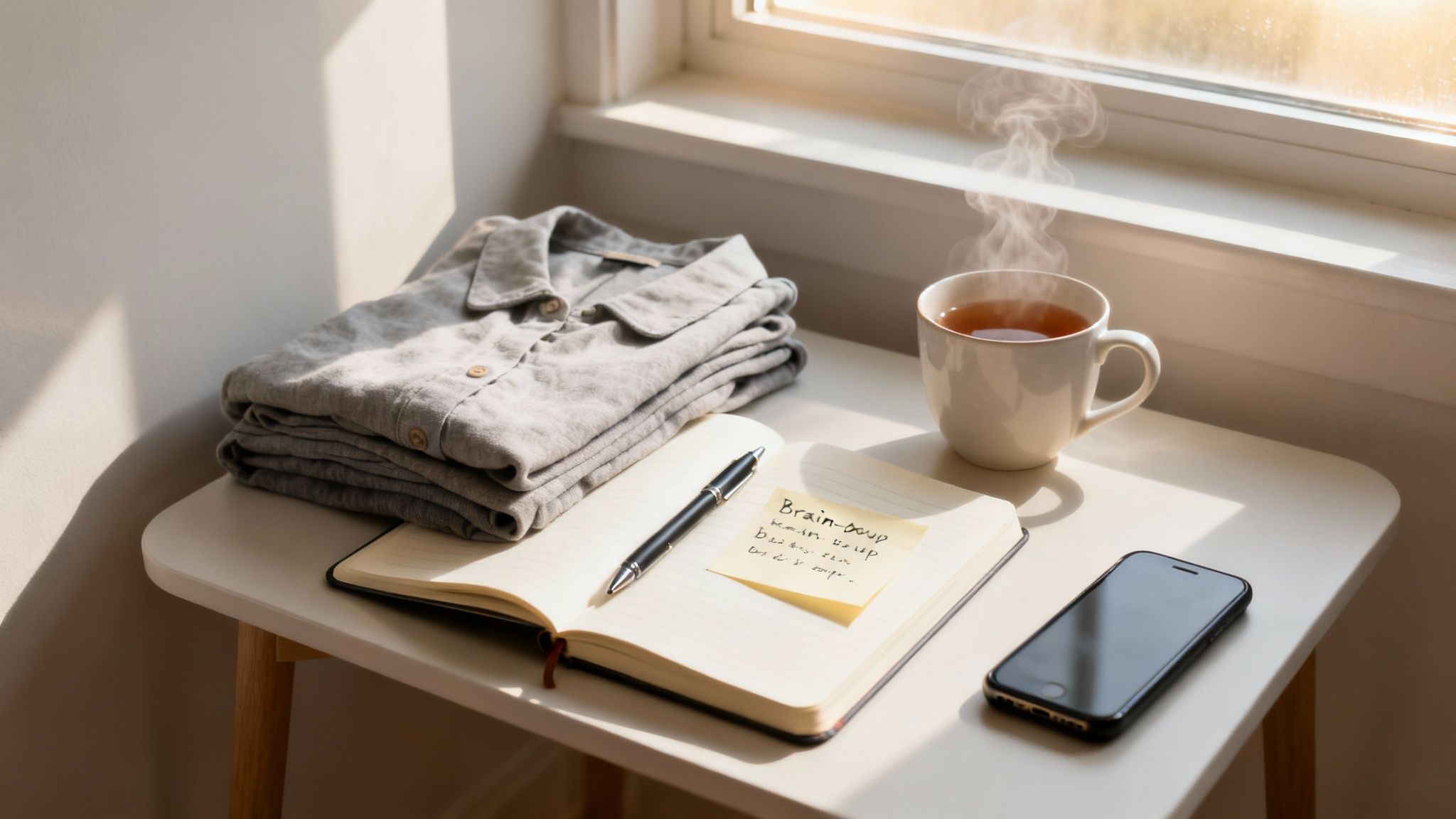 A cozy morning scene with clothes, a steaming cup of tea, a notebook, and a smartphone.