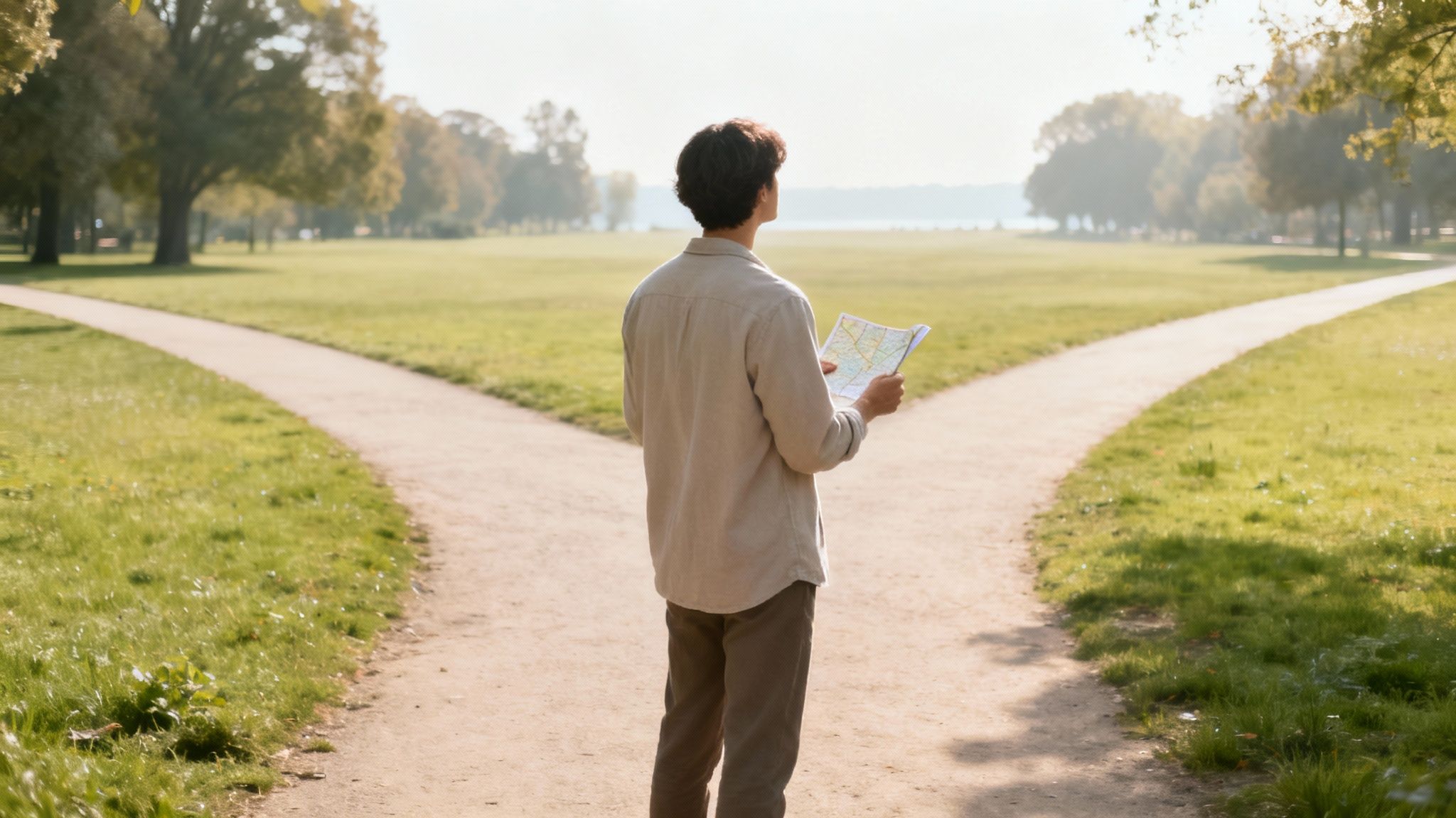 Young man standing at a fork in a park path, holding a map and looking ahead.