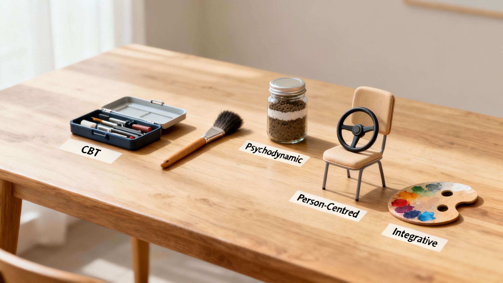 Different counseling approaches like CBT, Psychodynamic, Person-Centered, and Integrative are represented by objects on a wooden table.