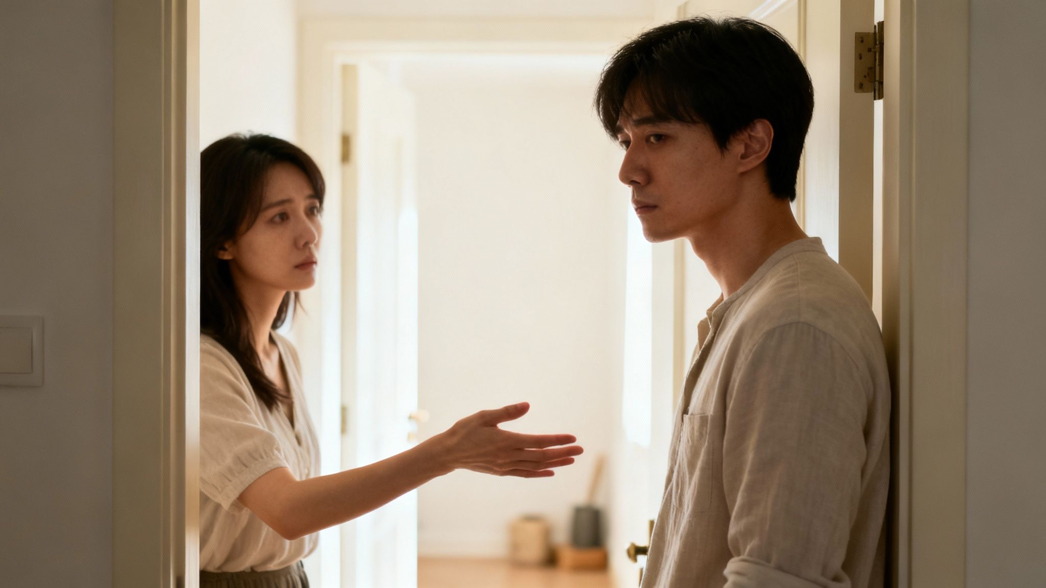 A concerned woman reaches out to a distant man in a doorway, suggesting a relationship conflict.