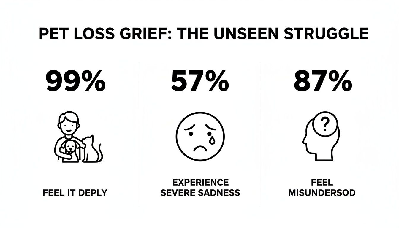 Infographic details pet loss grief: 99% feel it deeply, 57% severe sadness, 87% misunderstood.
