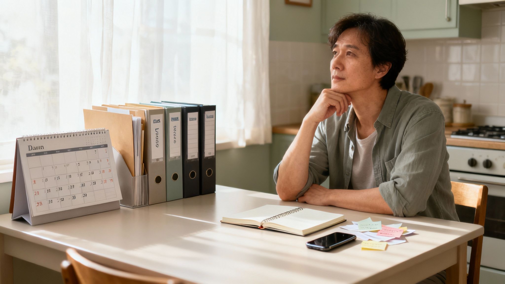 A person sitting thoughtfully at a desk with a notebook, looking out of a window.