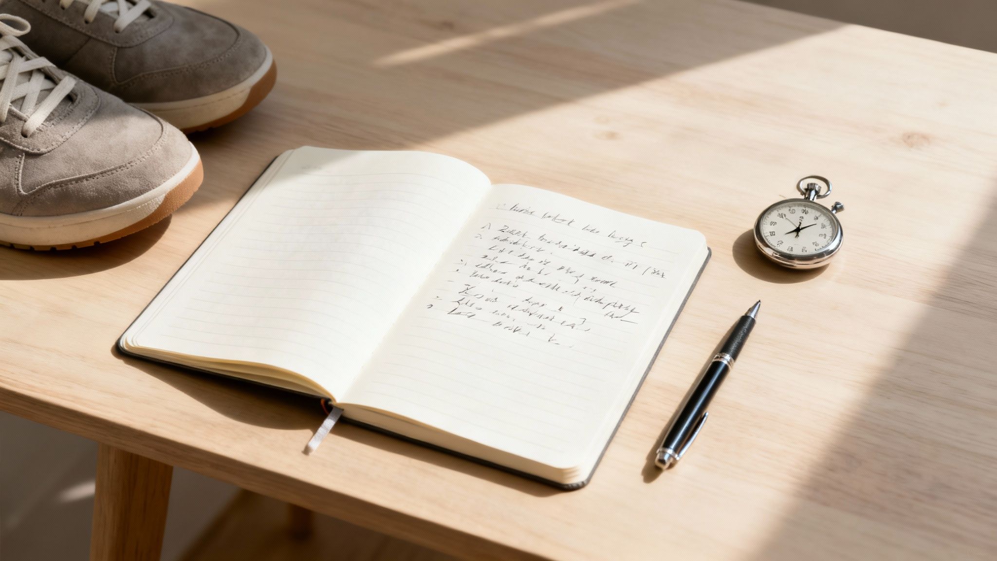 A pair of sneakers, an open notebook with handwritten notes, a pen, and a stopwatch on a wooden desk.