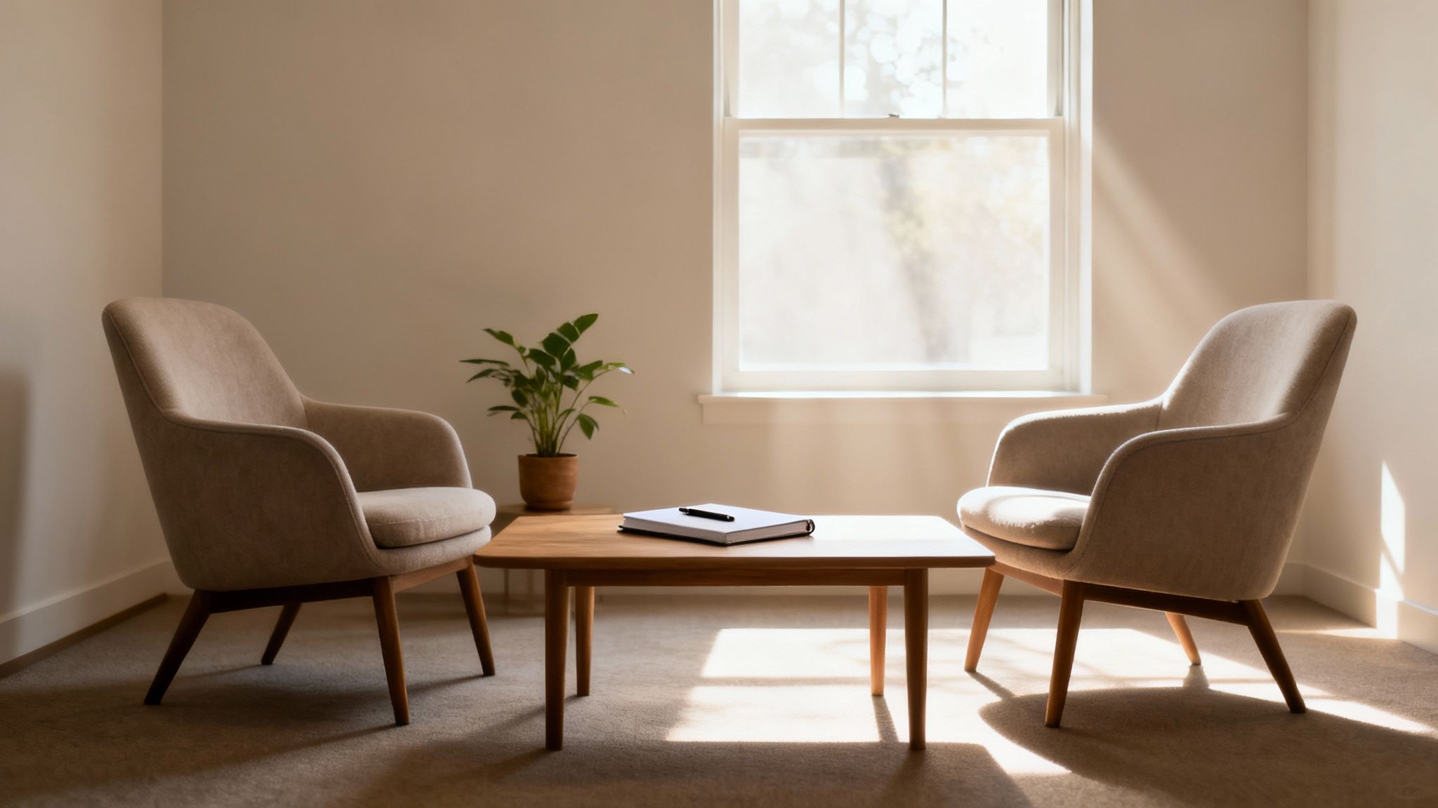 Two comfortable armchairs face a coffee table with a notebook, set in a sunlit, calm room.