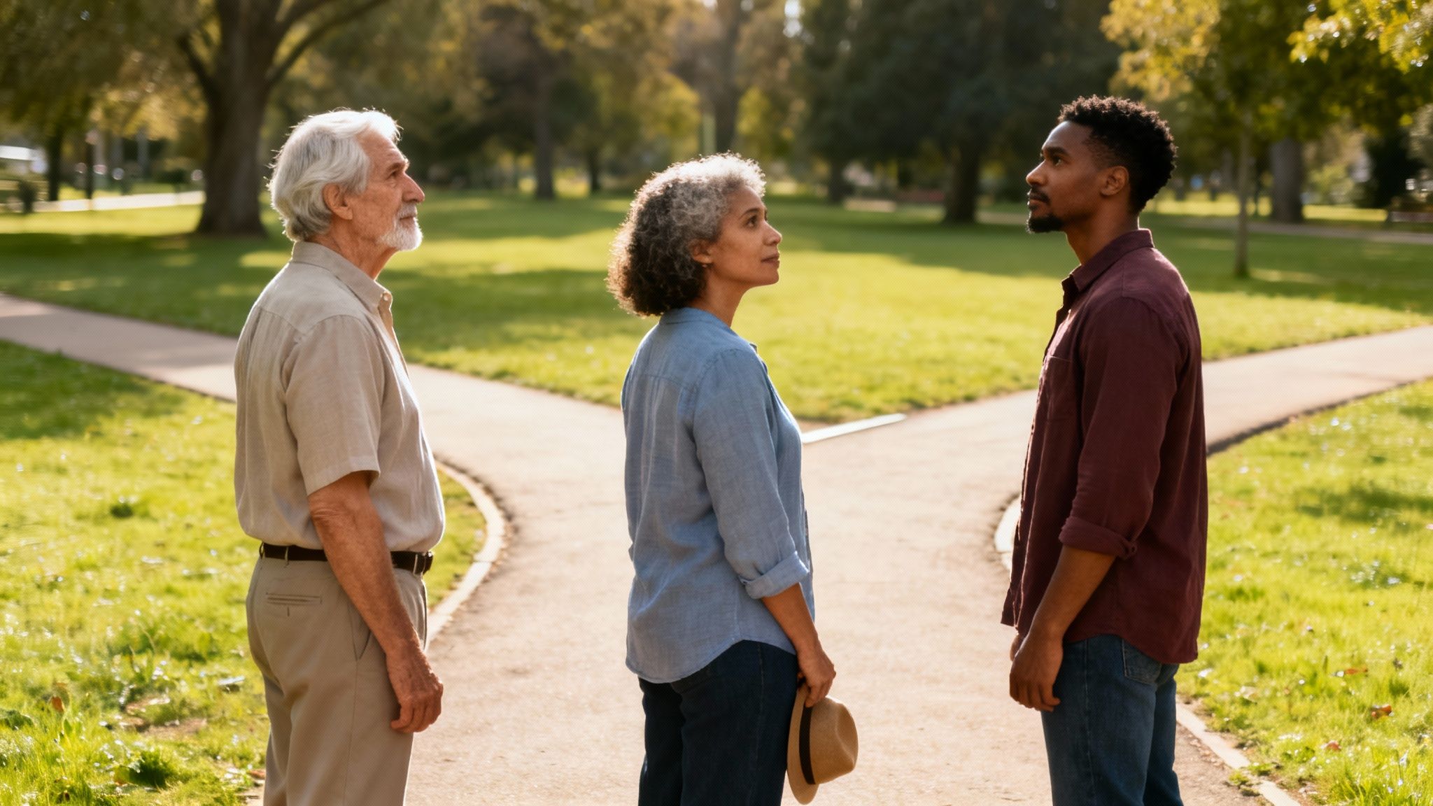 Three diverse people stand on diverging paths in a sunny park, appearing to contemplate choices.