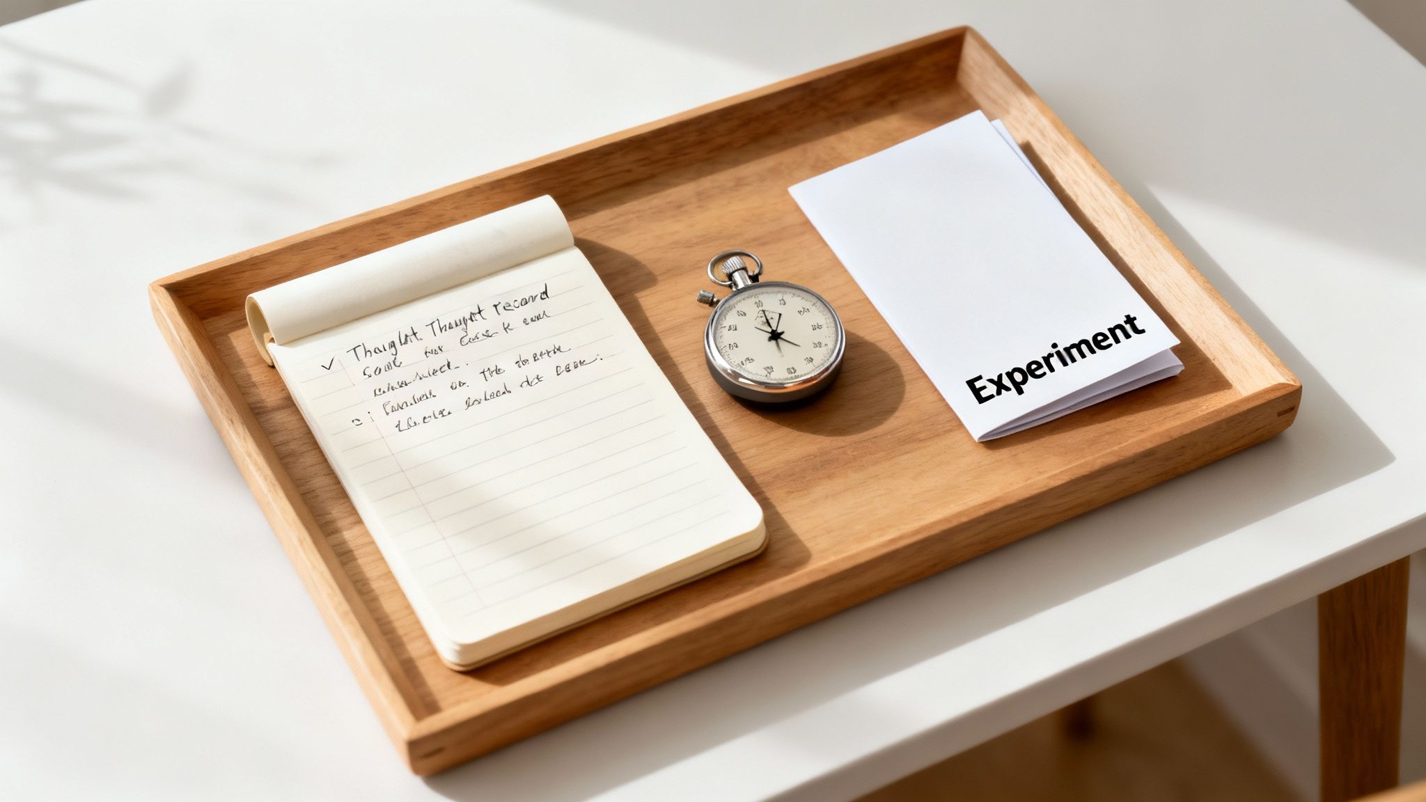 A wooden tray with a notebook for thought records, a stopwatch, and a paper labeled 'Experiment'.