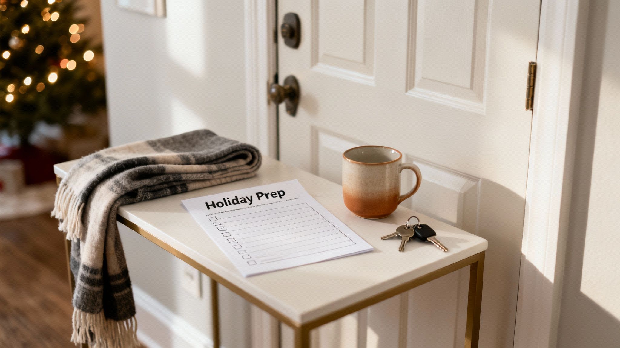 A holiday prep checklist, cozy blanket, mug, and keys on an entryway table by a door.