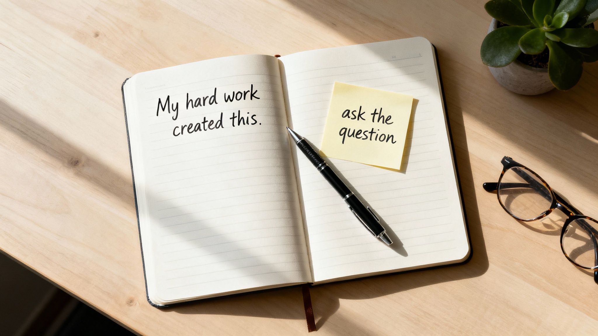 Overhead shot of an open notebook on a wooden desk with handwritten notes &#39;My hard work created this&#39; and &#39;ask the question&#39;, with a pen and glasses.