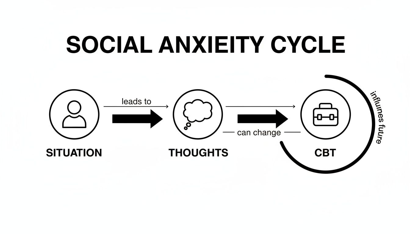A diagram illustrating the social anxiety cycle, showing situations leading to thoughts, which CBT can change.