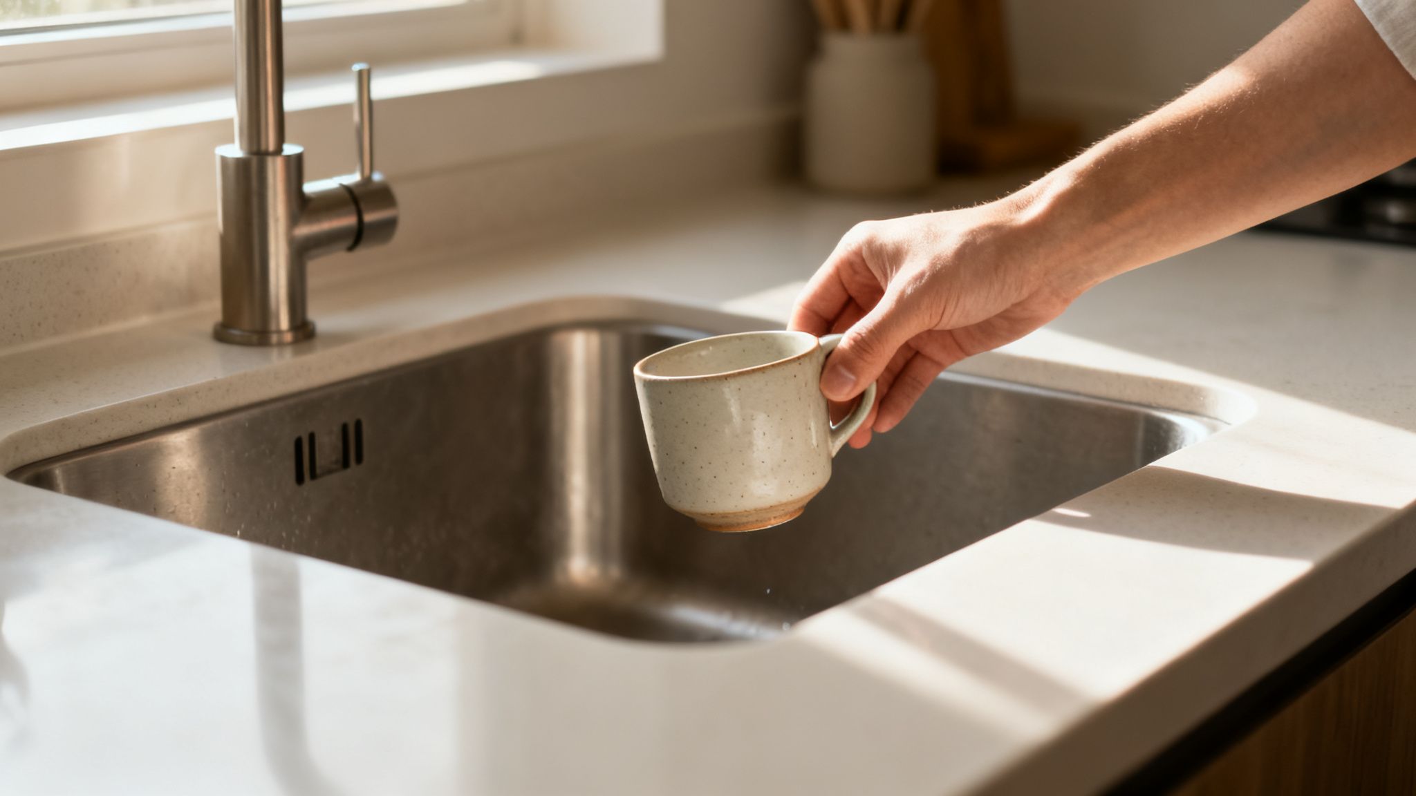 A hand holds a speckled ceramic mug above a modern stainless steel kitchen sink.