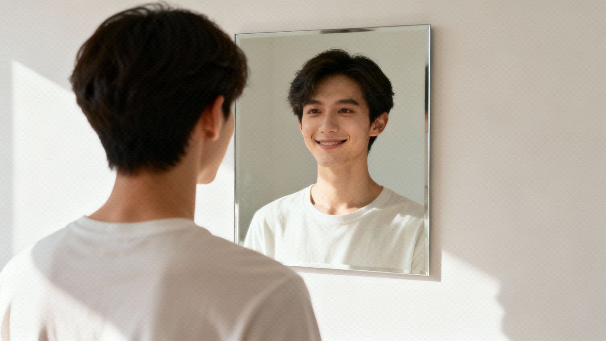 A young man in a white t-shirt looks into a mirror, smiling at his reflection.
