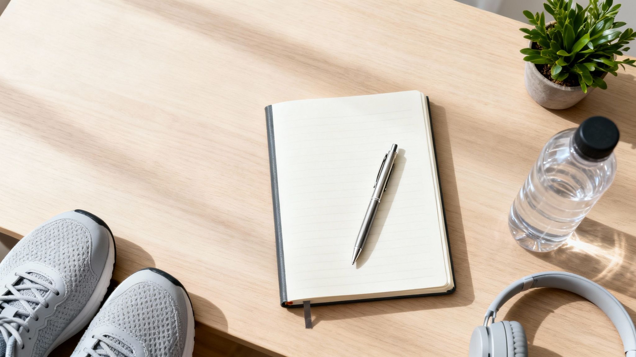 Flat lay of wellness essentials: grey sneakers, notebook, pen, water bottle, plant, and headphones on wood.