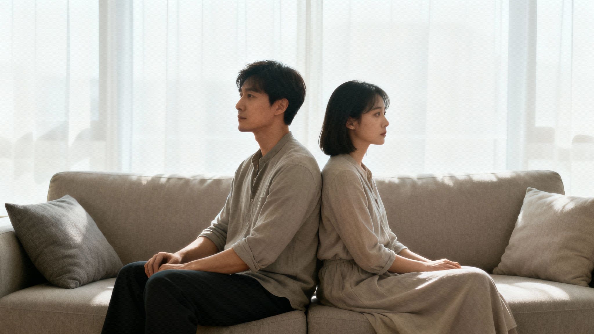 A man and woman sit back-to-back on a sofa, indicating emotional distance and relationship issues.