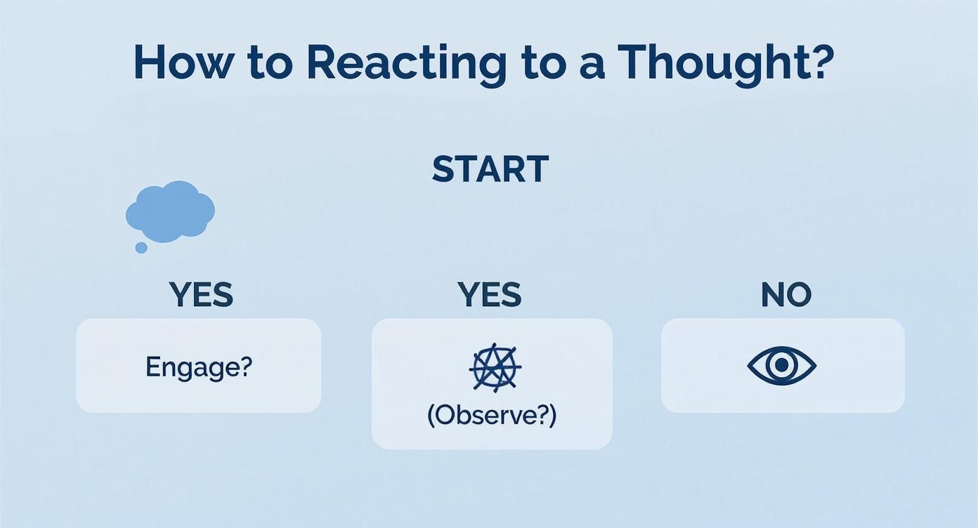 A flowchart titled &#39;How to Reacting to a Thought?&#39; outlining options to engage, observe, or not react.