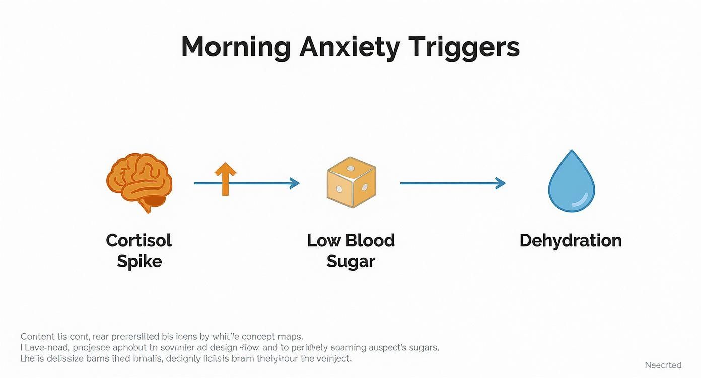 Diagram illustrating morning anxiety triggers: cortisol spike, low blood sugar, and dehydration.