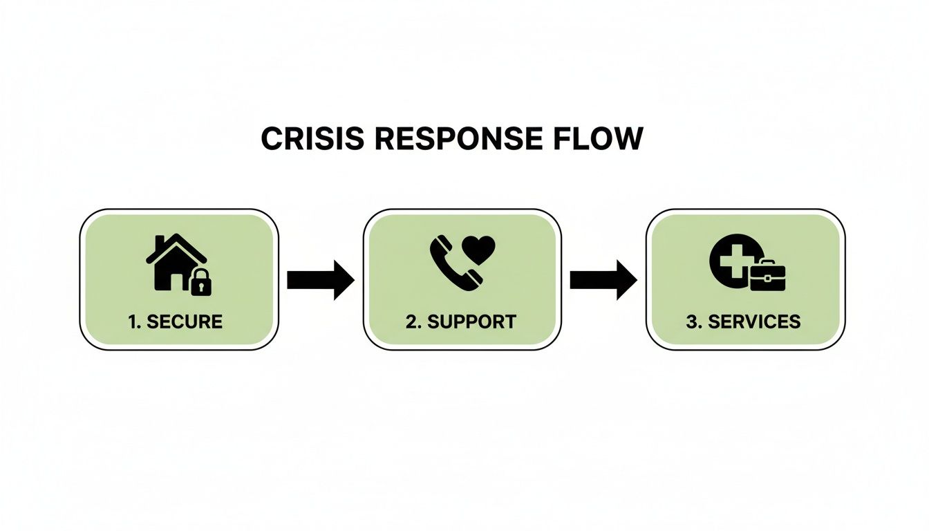 A three-step diagram illustrates a crisis response flow: 1. Secure (house with lock), 2. Support (phone with heart), and 3. Services (cross with briefcase).