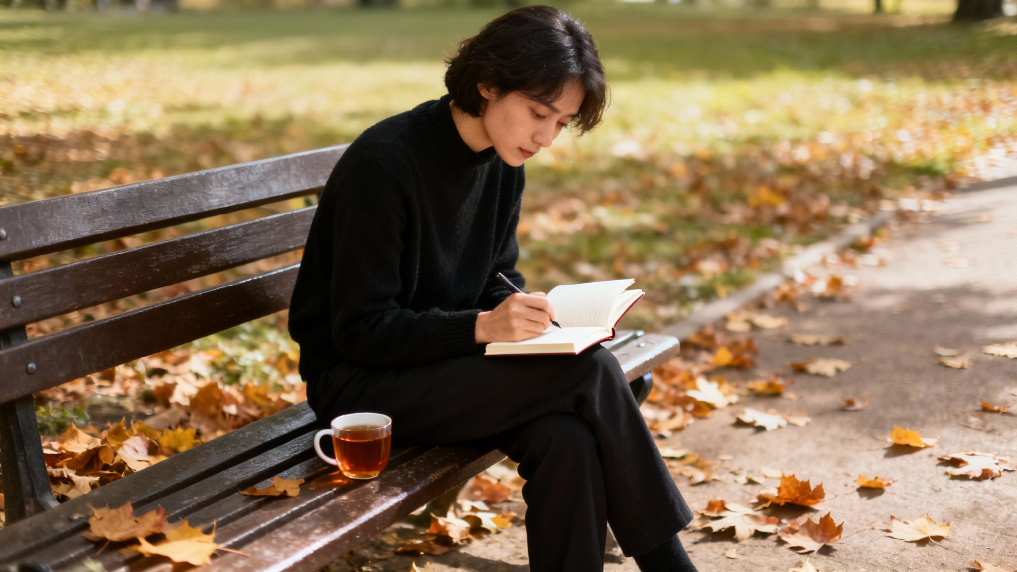 A person sits on a park bench, writing in a notebook, enjoying tea on an autumn day.