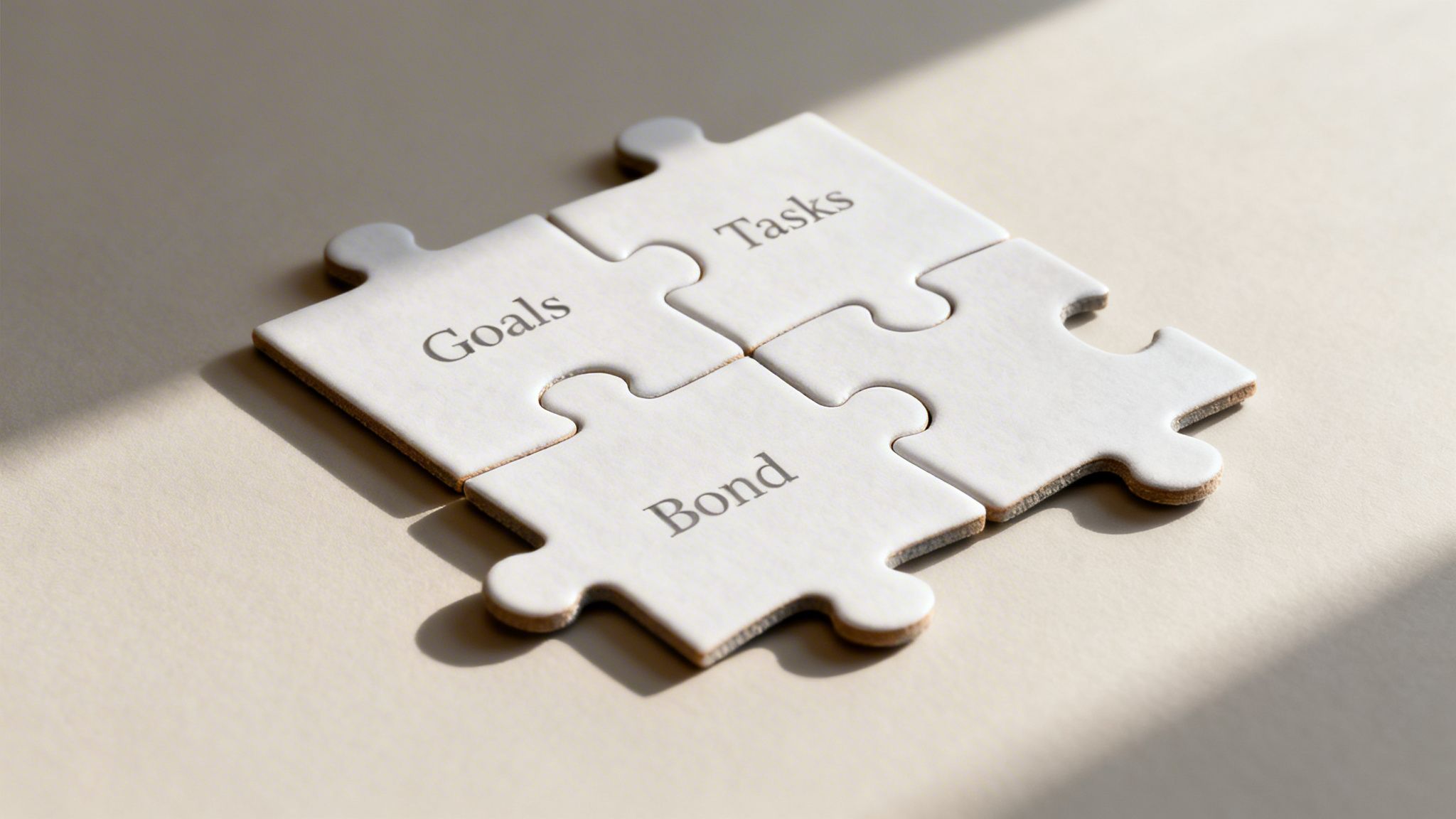 Four white puzzle pieces, inscribed with 'Goals', 'Tasks', and 'Bond', assembled on a light surface with shadows.