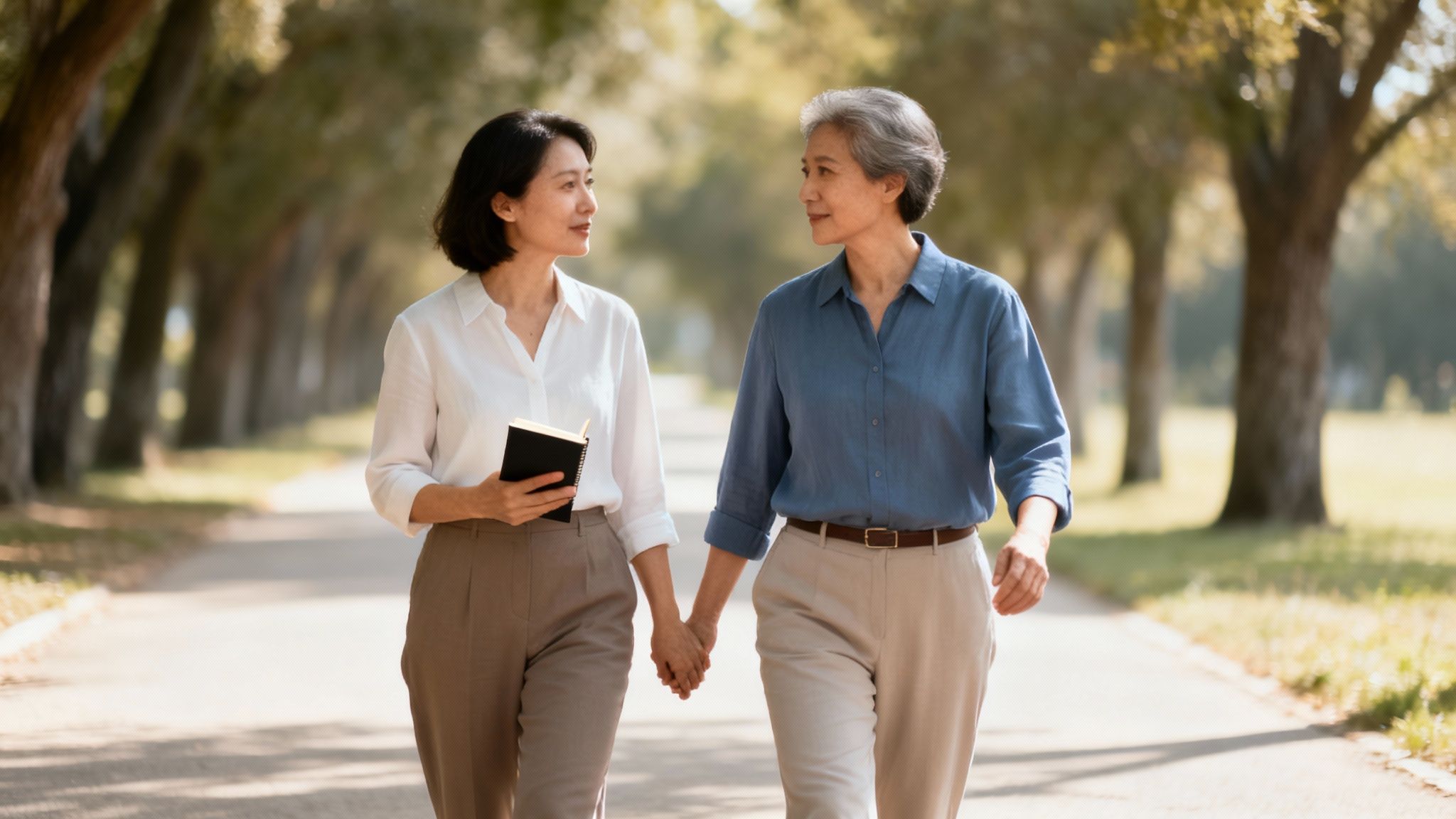 Two Asian women, one younger, one older, walk hand-in-hand on a tree-lined path, smiling at each other.