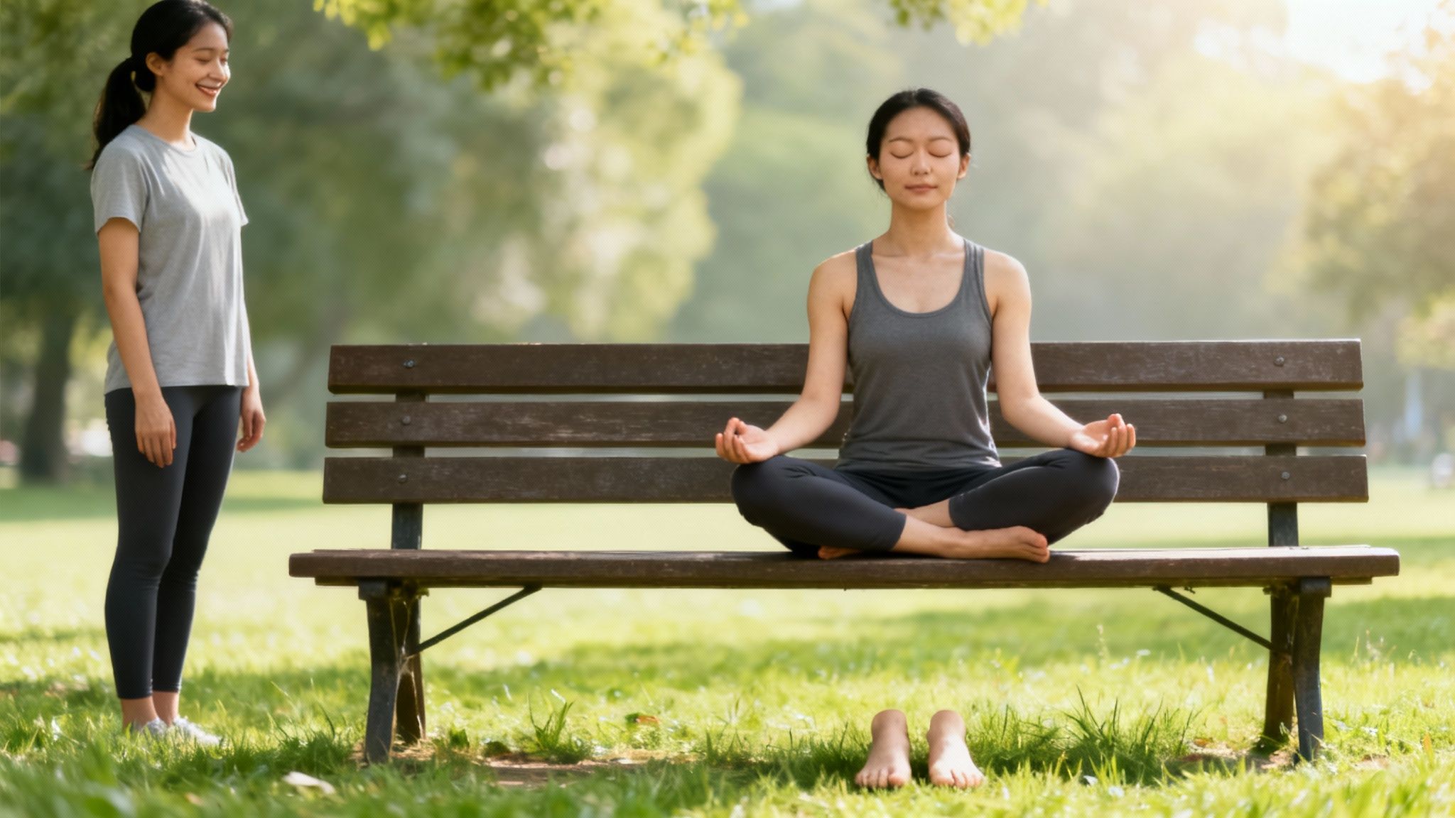 Two women in a park, one standing smiling while the other meditates peacefully on a bench.