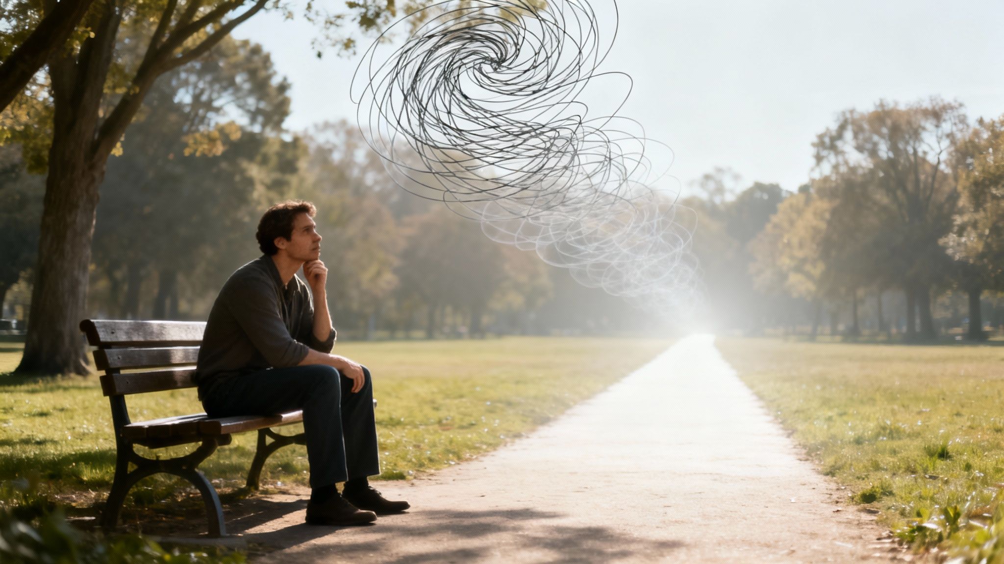 A man sits thoughtfully on a park bench as swirling lines fade into a bright, clear path.