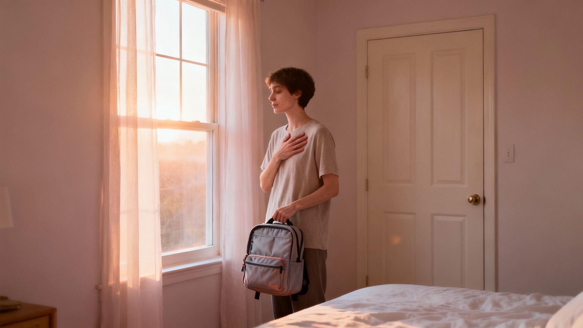 A thoughtful person stands by a sunlit window with a backpack, hand on their chest.