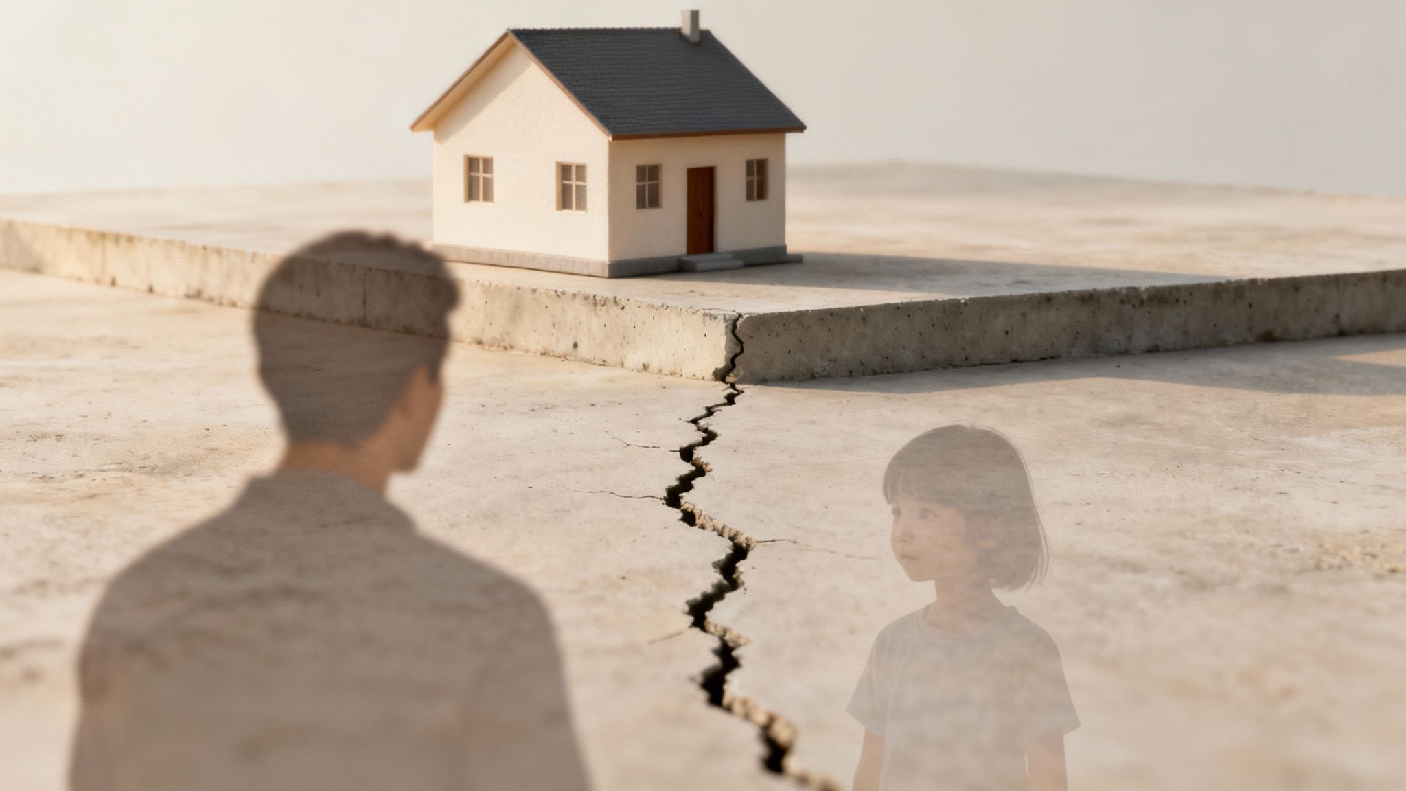 Transparent father and child separated by a crack, with a house in the background, symbolizing family division.