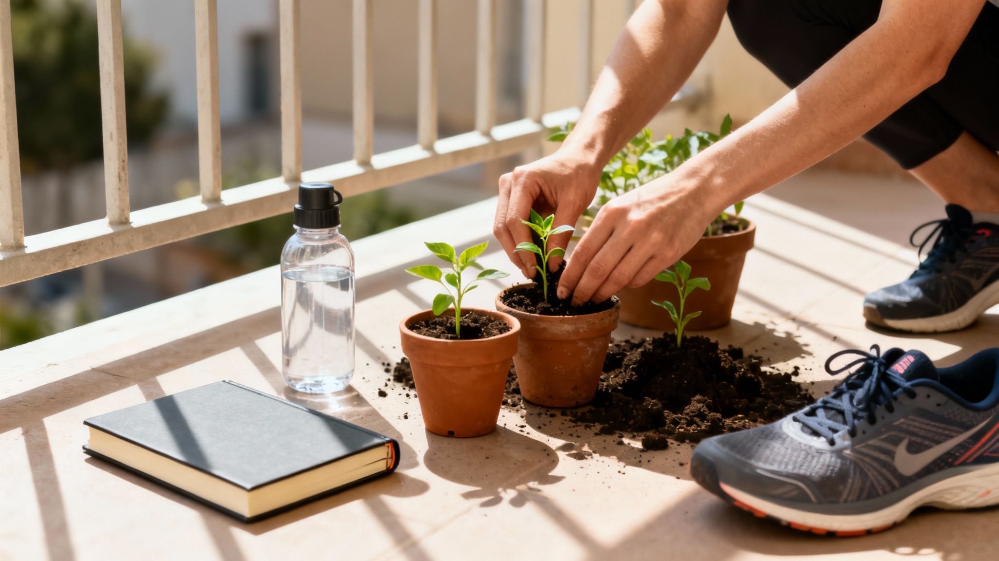A person on a balcony planting small green plants into terracotta pots with soil. A water bottle, book, and running shoes are nearby.