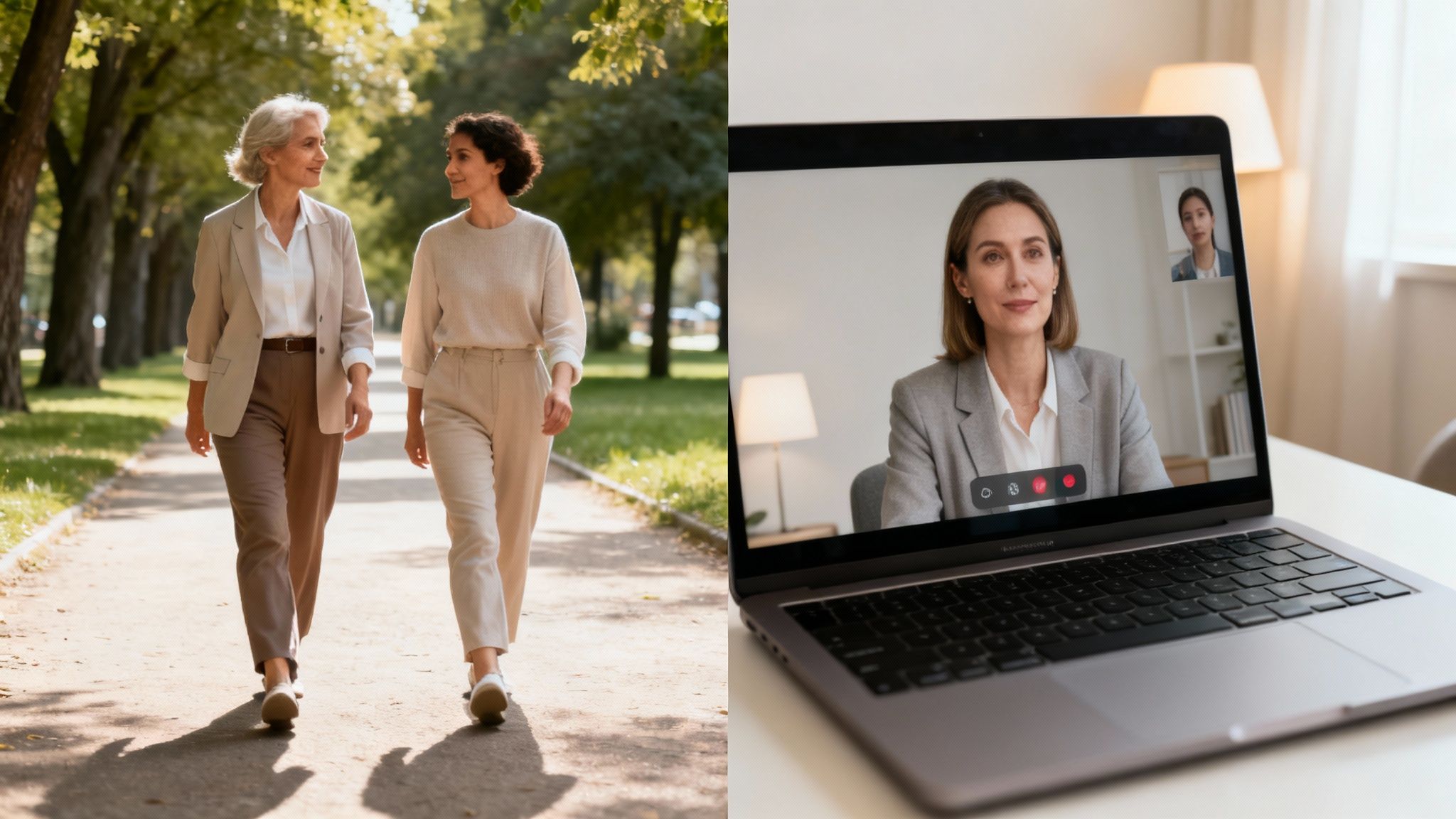 Two women walking and talking outdoors, beside a laptop showing a video therapy session.
