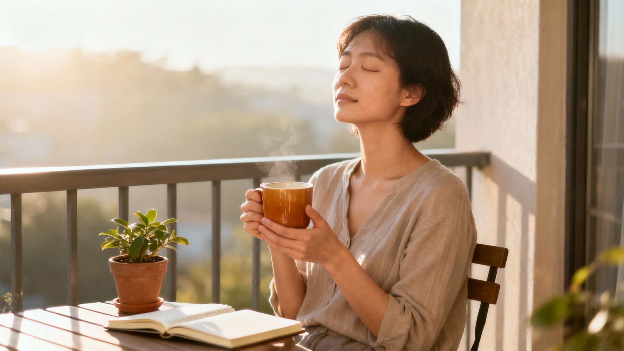 A calm person sitting in nature, looking thoughtfully at a clear lake, representing being present.