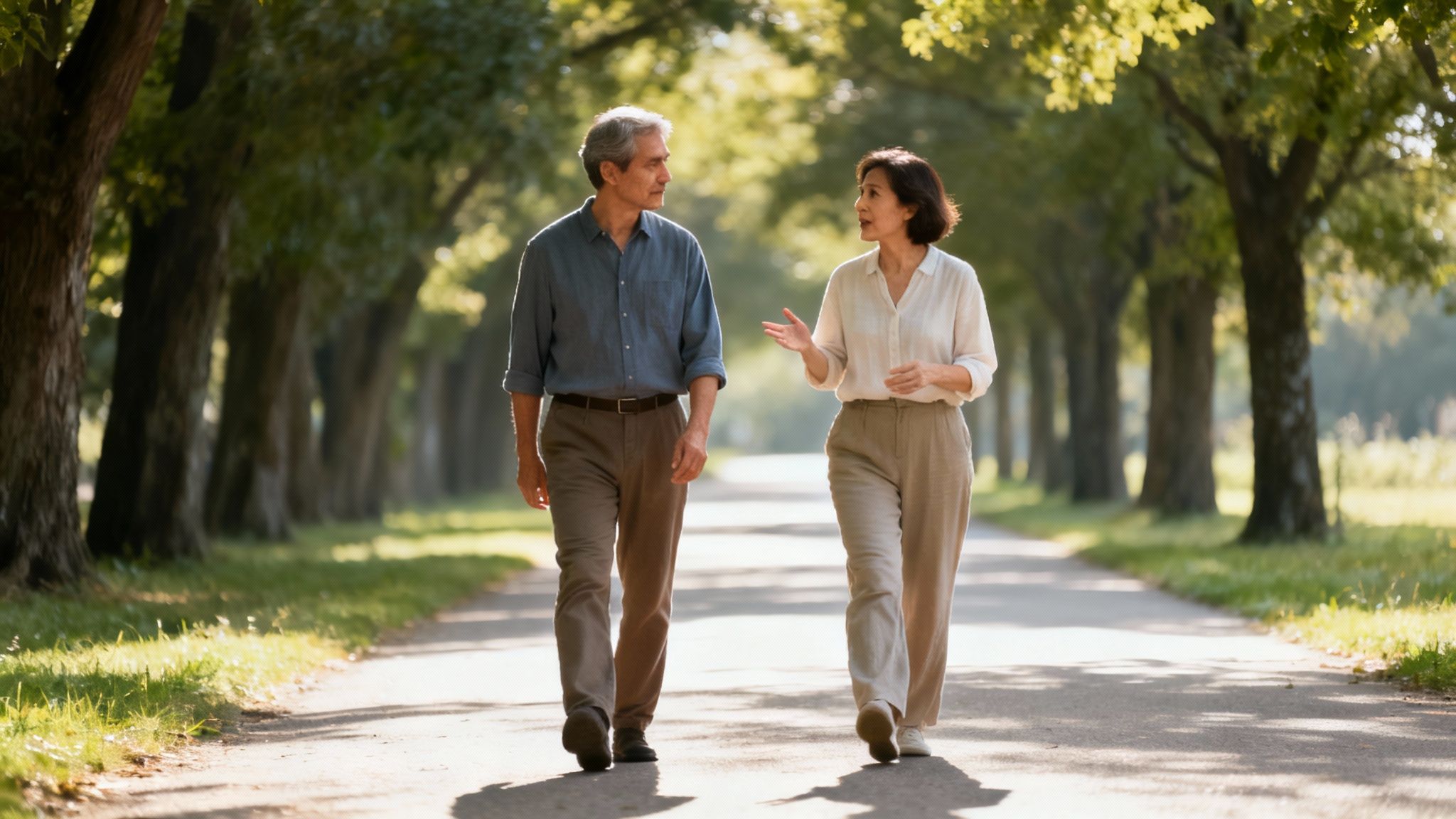 An older Asian couple walks and talks happily on a sunny path lined with trees.