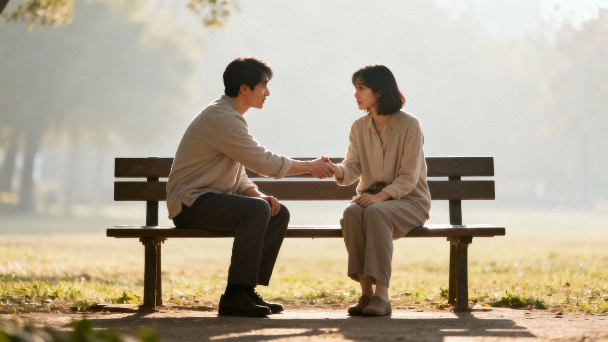 Two individuals shaking hands on a park bench, conveying agreement or a moment of reconciliation.