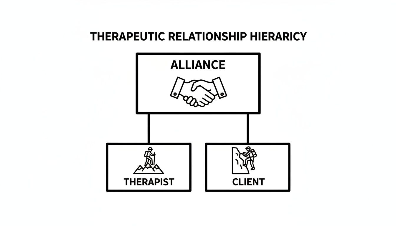 Hierarchical diagram illustrating the therapeutic relationship, with alliance at the top, supported by therapist and client.