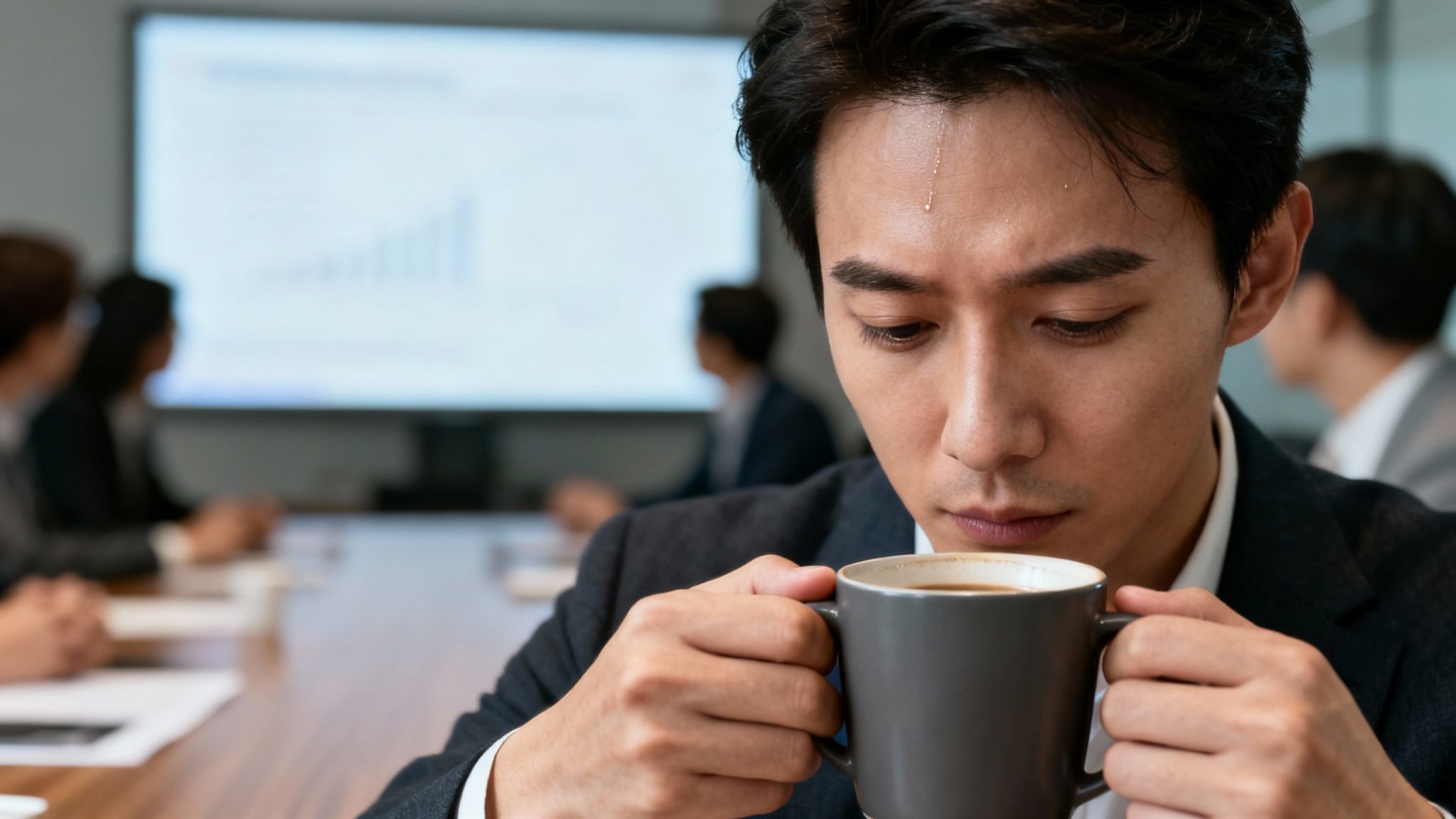 A stressed businessman with sweat on his forehead holds a coffee mug during a meeting.