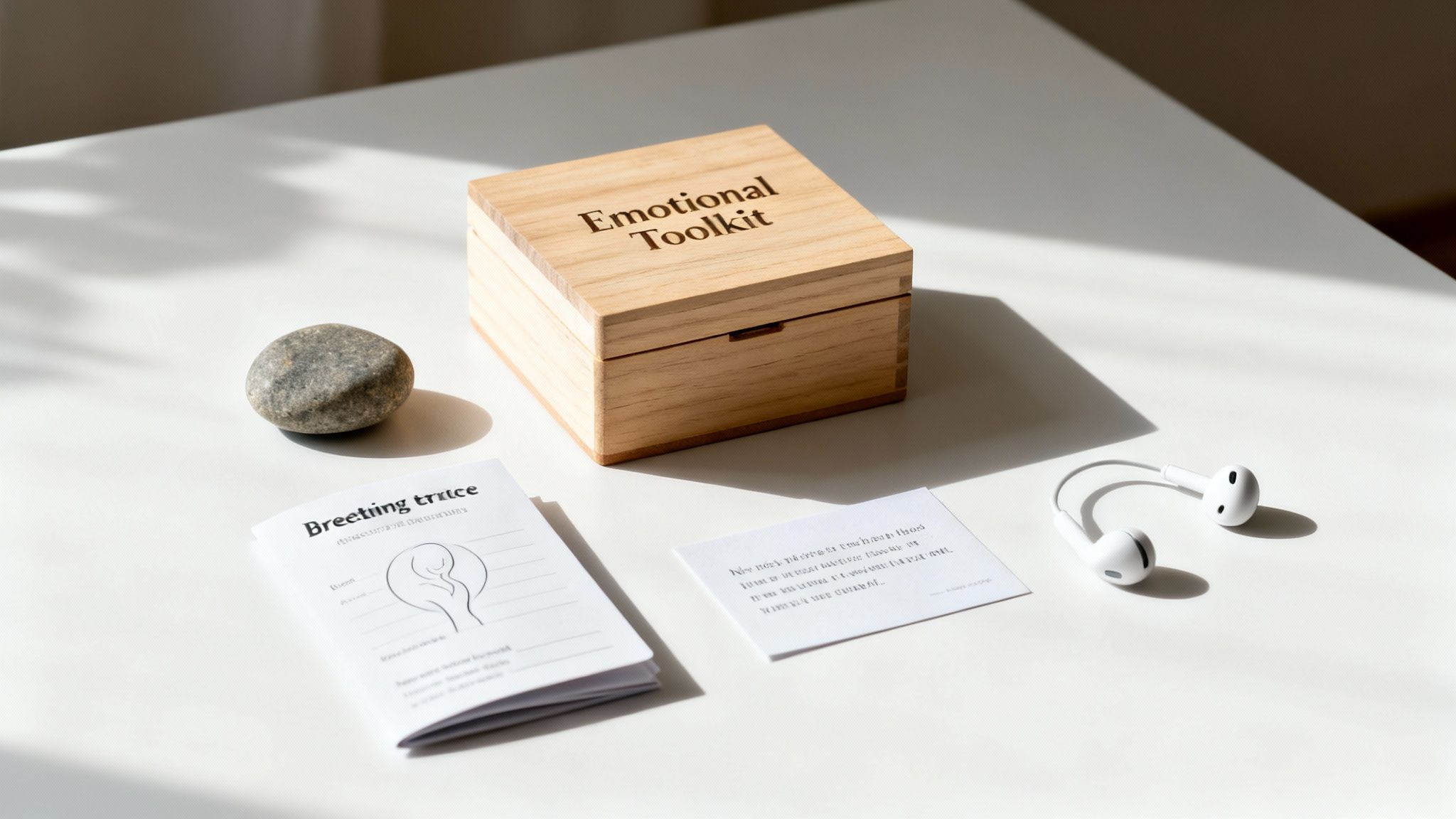 An emotional toolkit with a wooden box, smooth stone, breathing exercise booklet, mindfulness card, and white earbuds on a white surface.