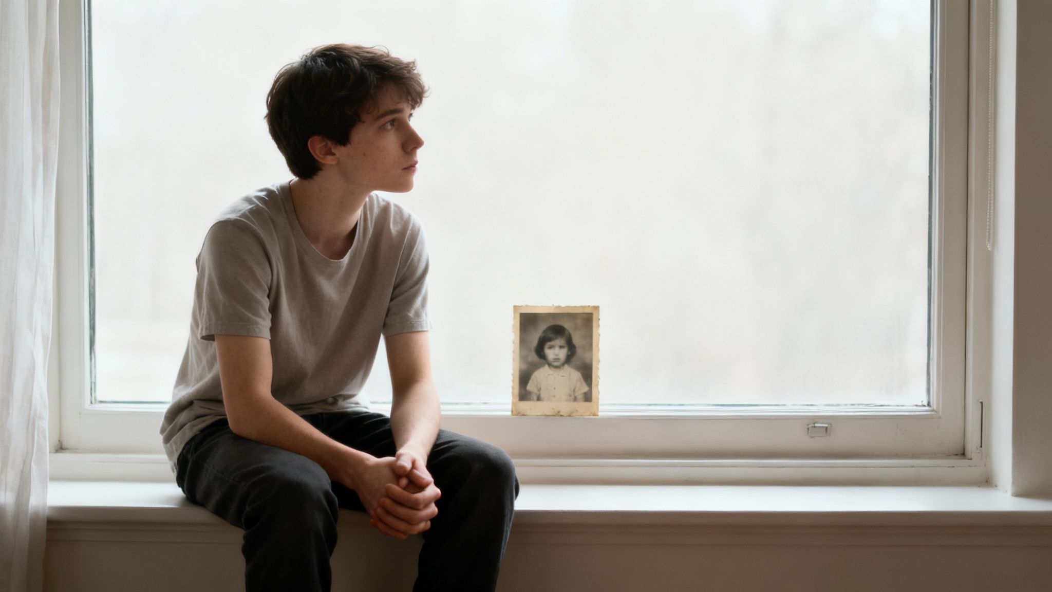 A young man sits by a window, looking out, next to an old photograph of a little girl.