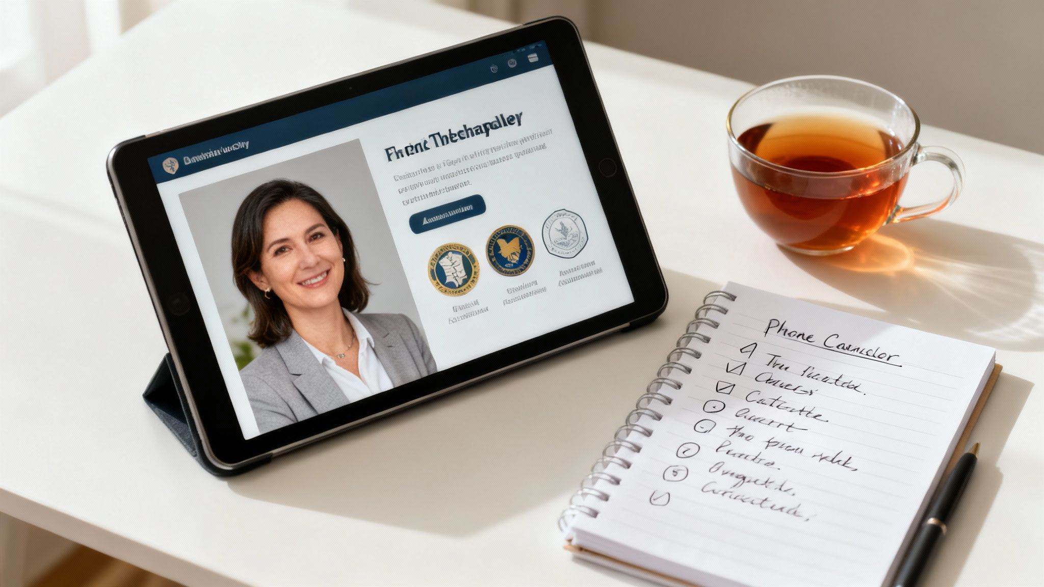 A tablet displays a professional woman's profile, next to a cup of tea and a notebook with notes.