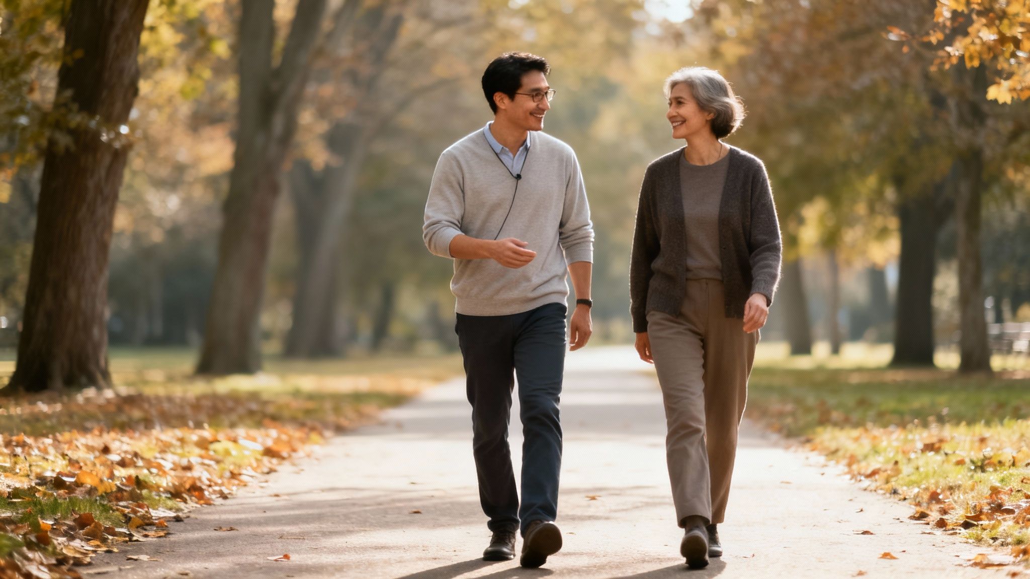 Two smiling individuals, an Asian man and an older woman, walking and conversing in an autumn park.