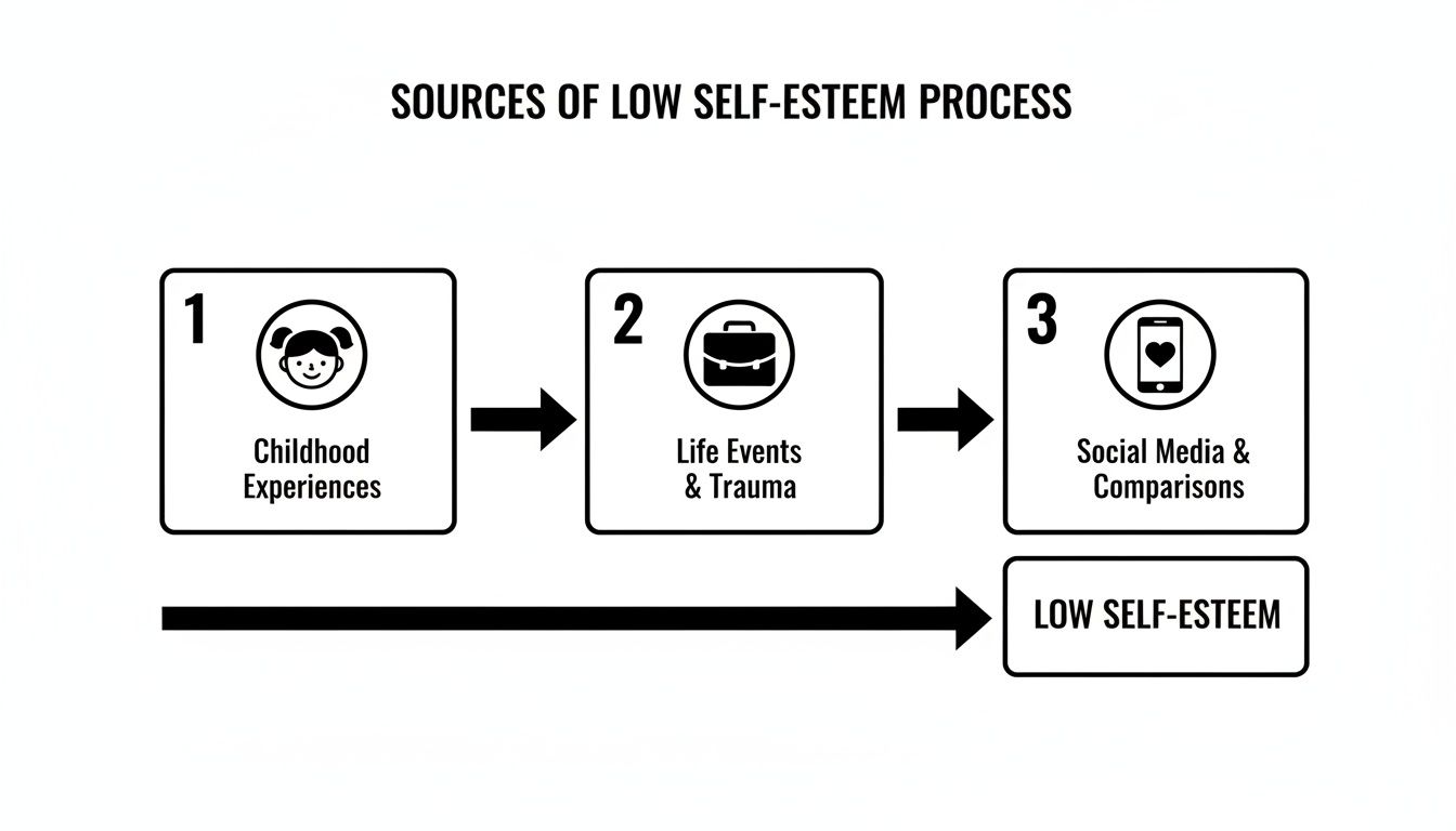 A flowchart detailing the sources of low self-esteem: childhood experiences, life events, and social media.