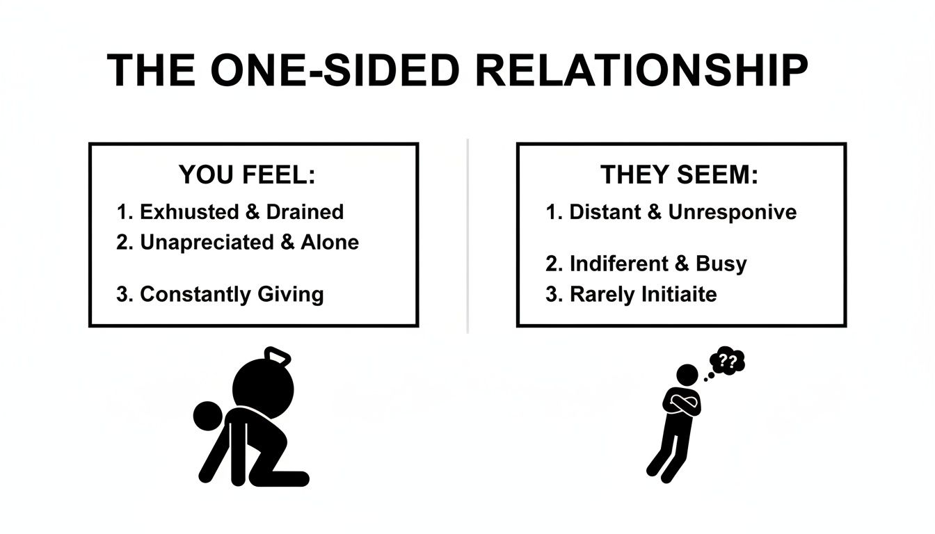 An infographic illustrating a one-sided relationship, depicting one person feeling drained and giving, while the other seems distant and unresponsive.